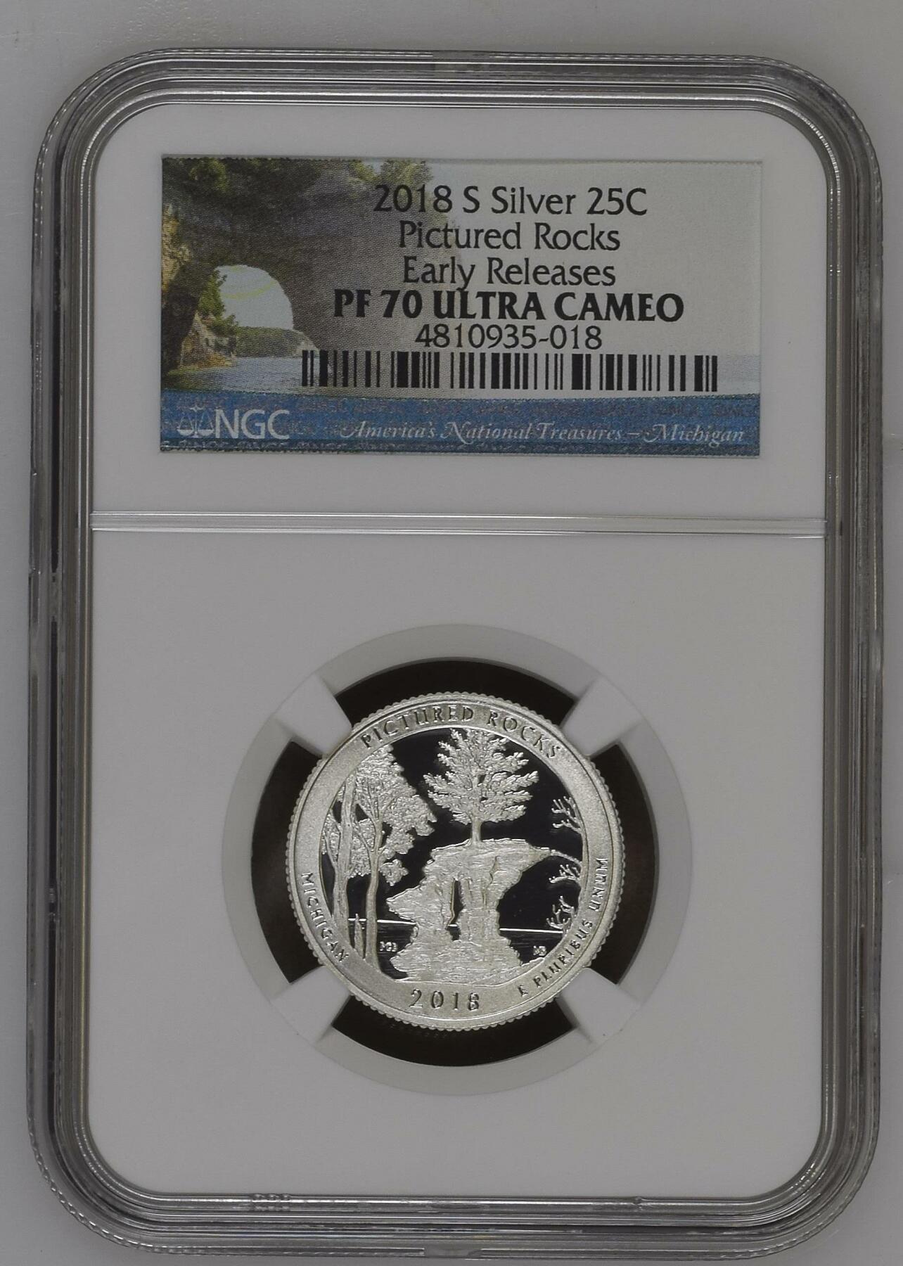 长老汇龙年精选第四场 2018 S 美国皮克彻罗克斯25美分精制银币，NGC PF70UC，首日标