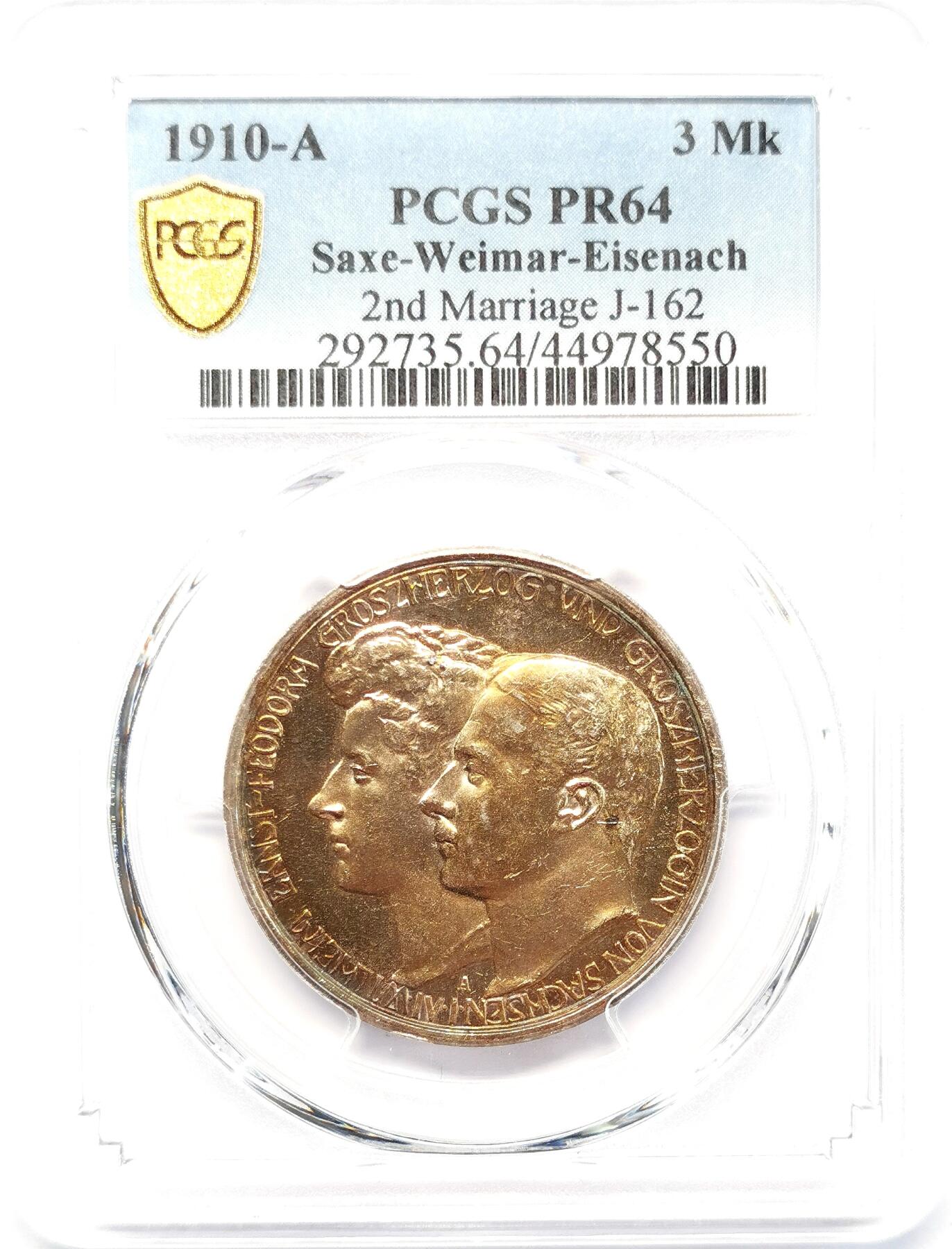 凡希社世界钱币微拍第二百六十八期 荐！1910萨克森-魏玛-爱森纳赫3马克精铸PCGS-PR64