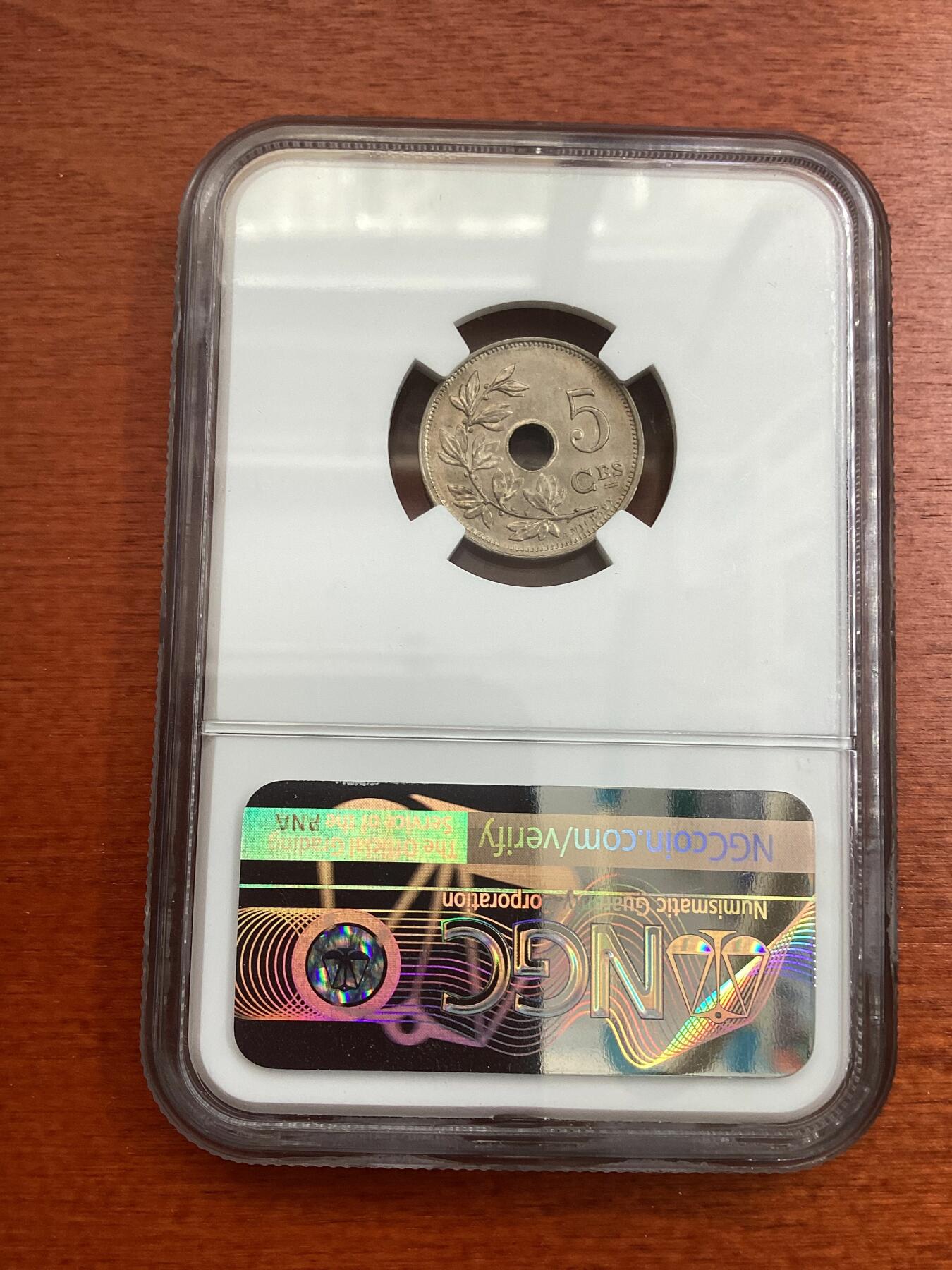 长老汇龙年精选第四场 1902 比利时5分中孔铜镍币，NGC MS64分，法语版，季军分，更高分仅有3枚