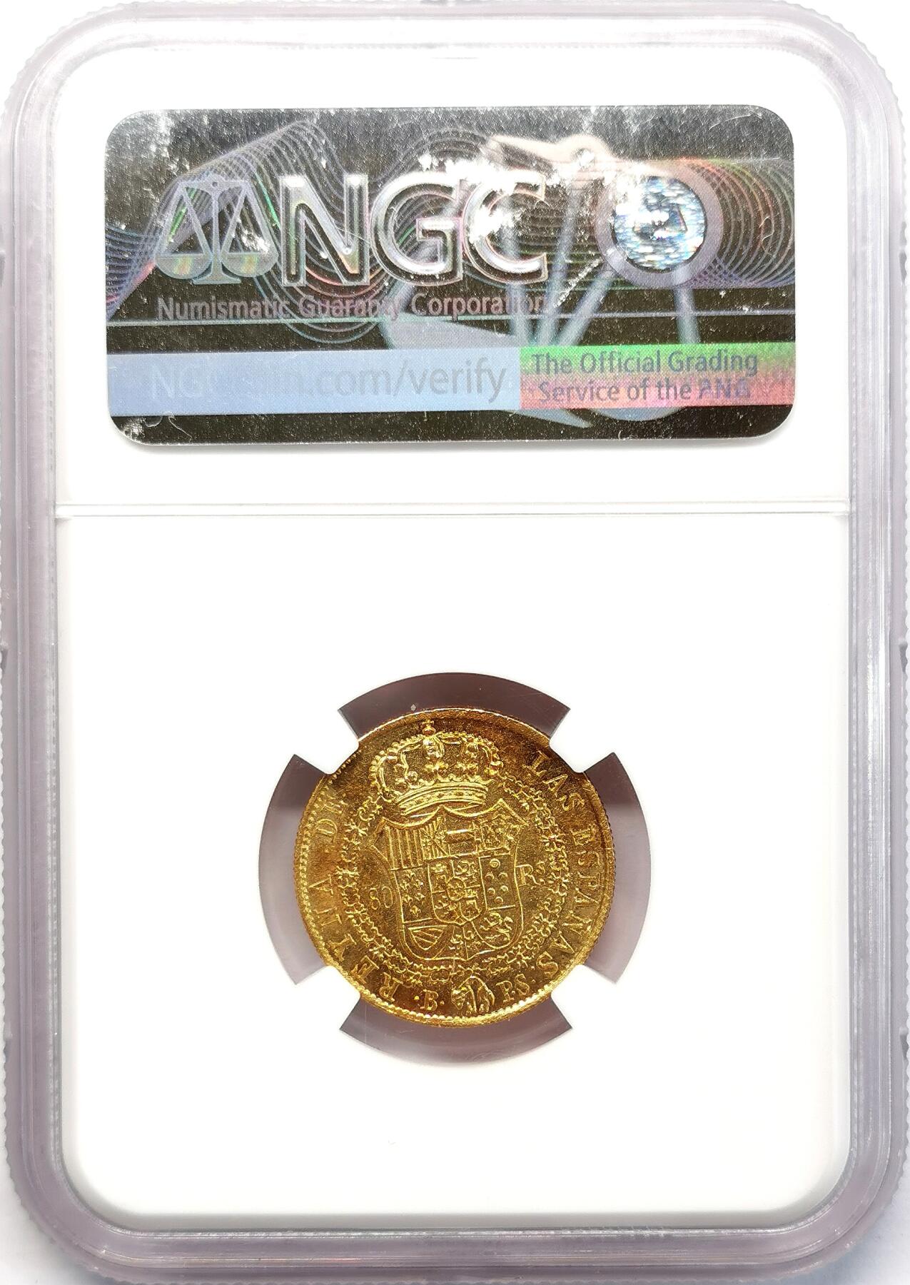 凡希社世界钱币微拍第二百六十八期 1839B西班牙伊莎贝拉80R金币NGC-MS62，少见的早期王冠盾徽版，6.77g，875金。