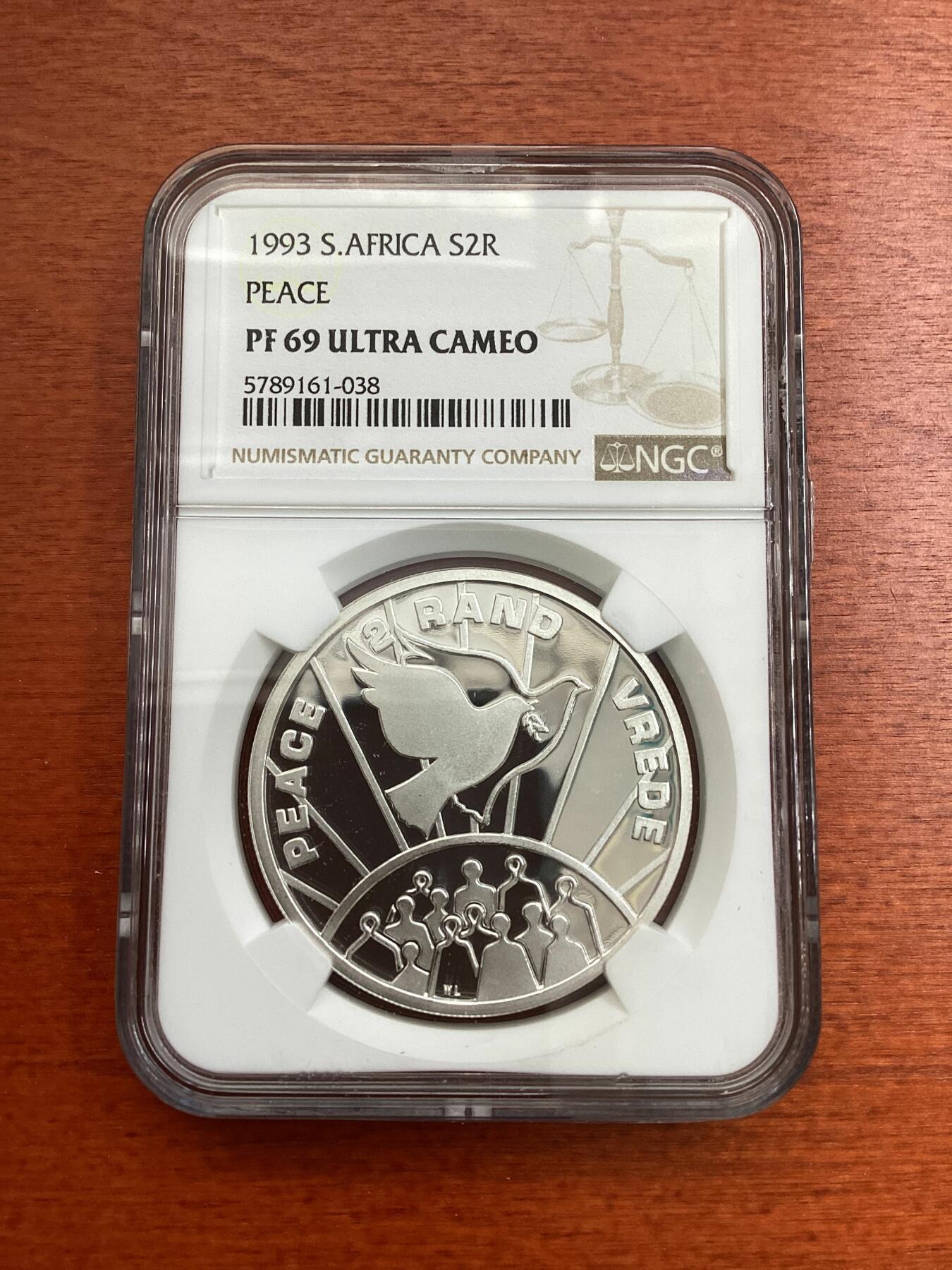 长老汇龙年精选第四场 1993 南非和平鸽2朗德精制银币，NGC PF69UC，亚军分，更高分仅有4枚，发行量5628枚