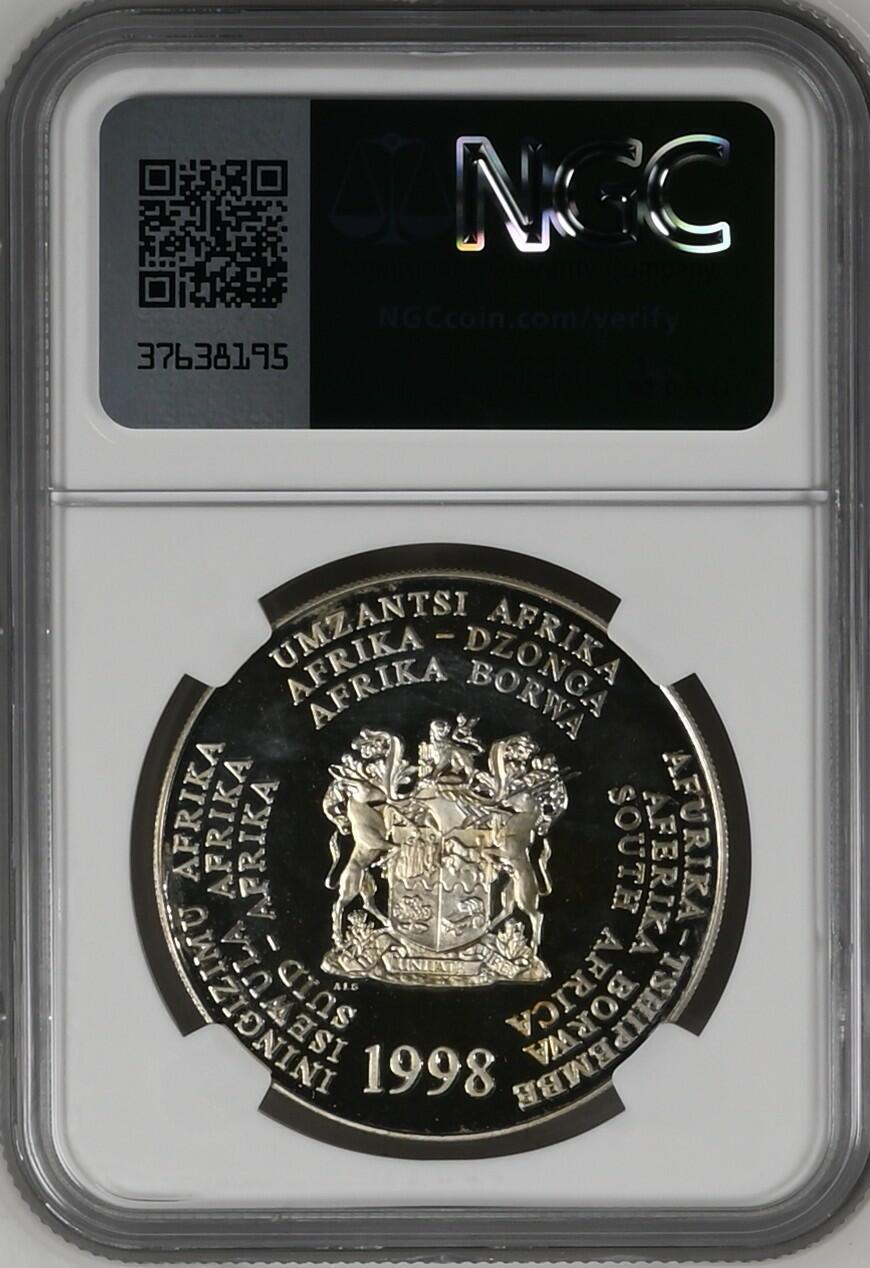 长老汇龙年精选第四场 1998 南非非洲企鹅2朗德精制银币，NGC PF66UC，发行量2053枚
