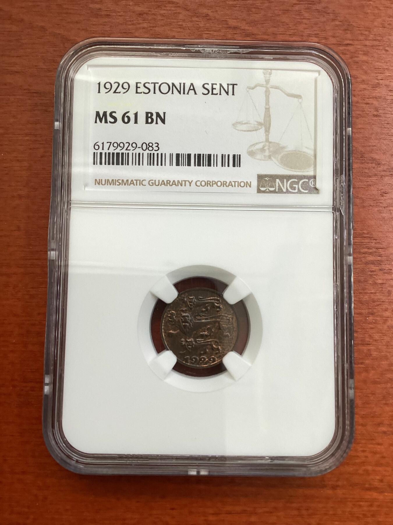 长老汇龙年精选第四场 1929 爱沙尼亚三狮1生地铜币，NGC MS61BN，可爱的小狮子