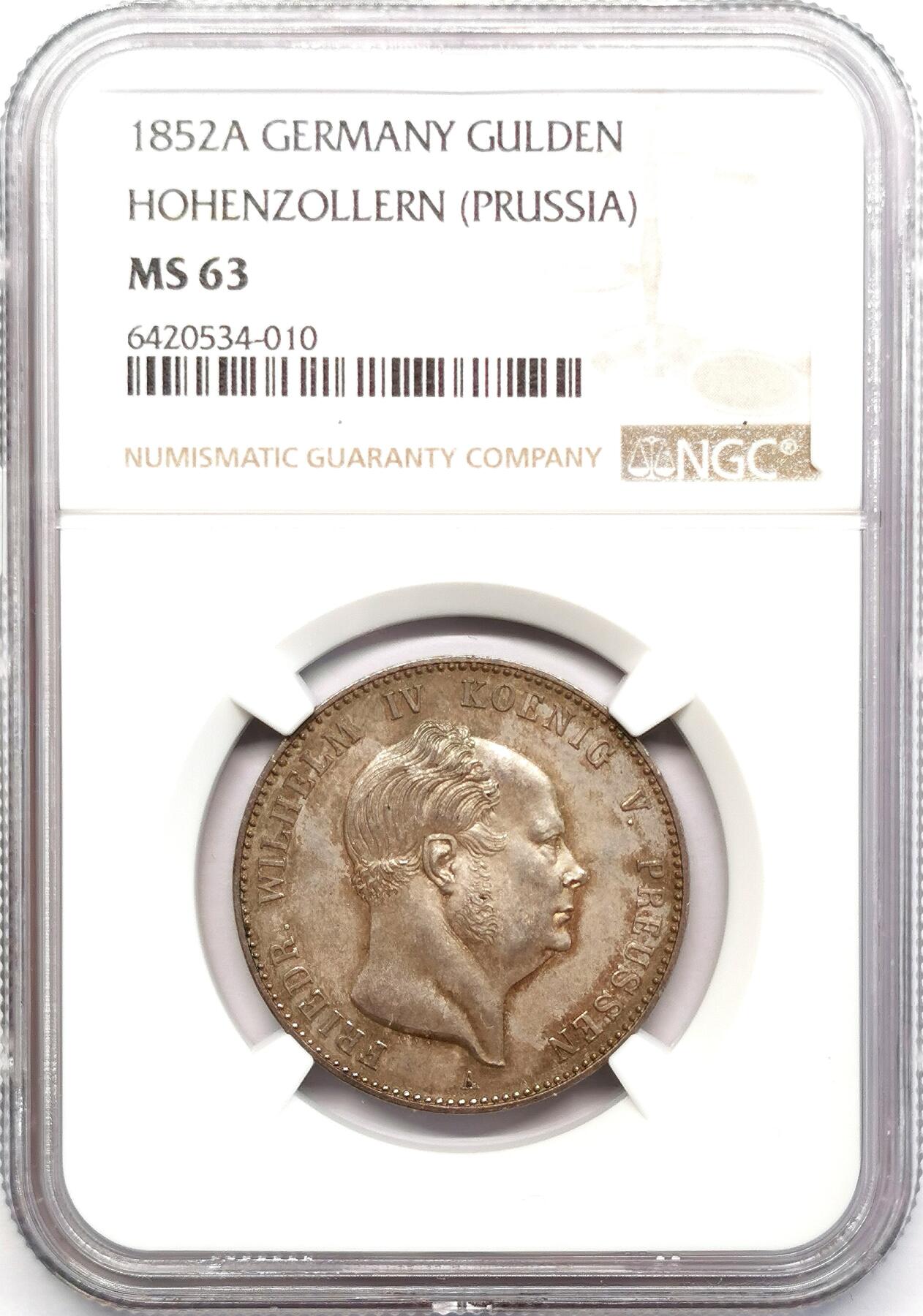 凡希社世界钱币微拍第二百六十八期 1852A德国普治霍亨索伦威廉四世洋葱头古尔登NGC-MS63，一年型，传世灰彩！