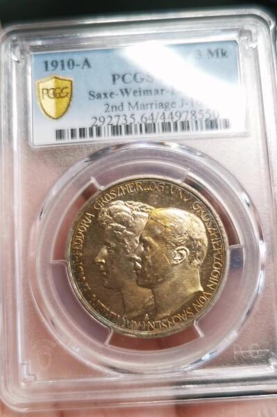 凡希社世界钱币微拍第二百六十八期 荐！1910萨克森-魏玛-爱森纳赫3马克精铸PCGS-PR64