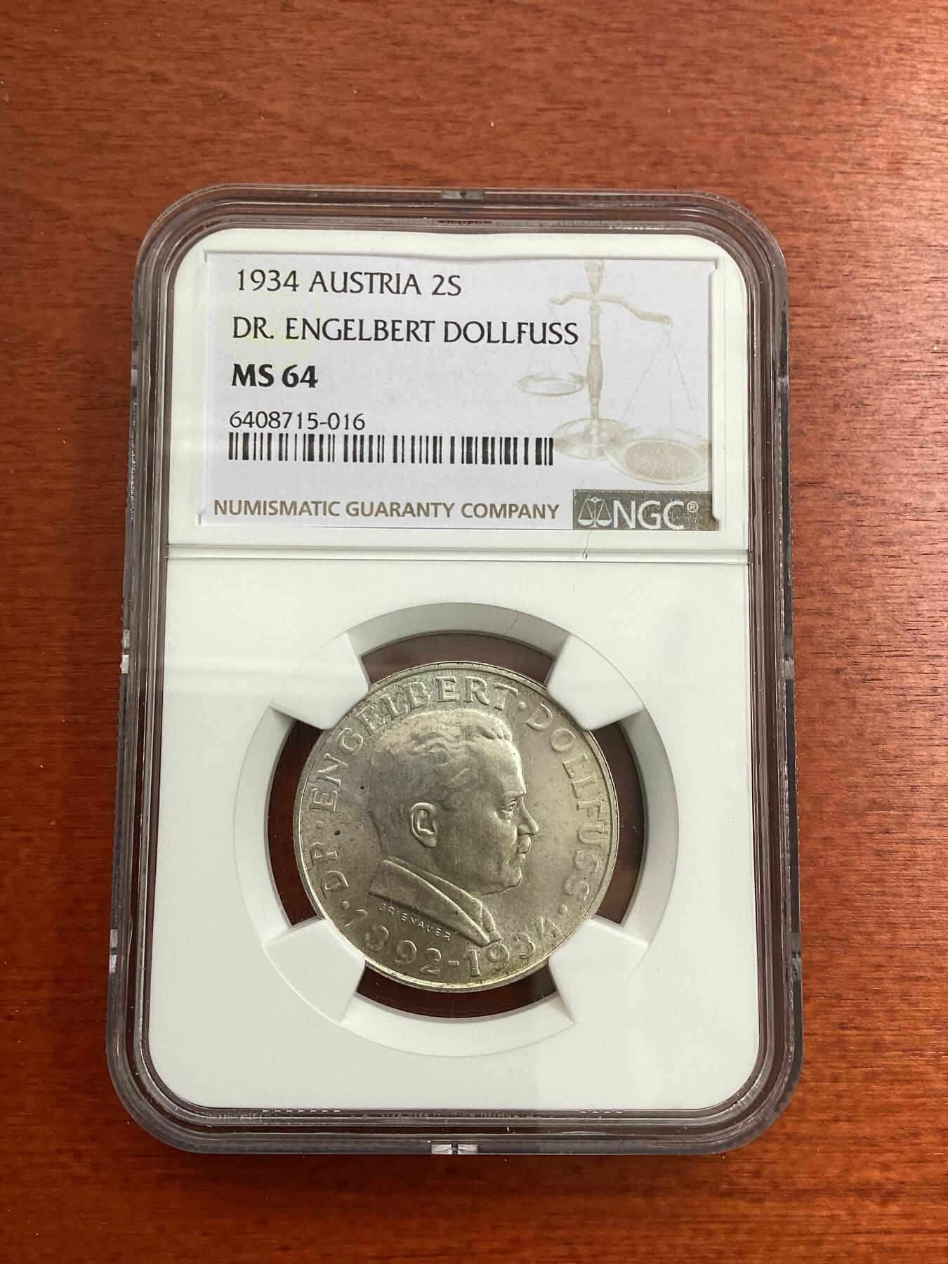 长老汇龙年精选第四场 1934 奥地利总理德福斯博士2先令银币，NGC MS64分，季军分，更高分仅有3枚