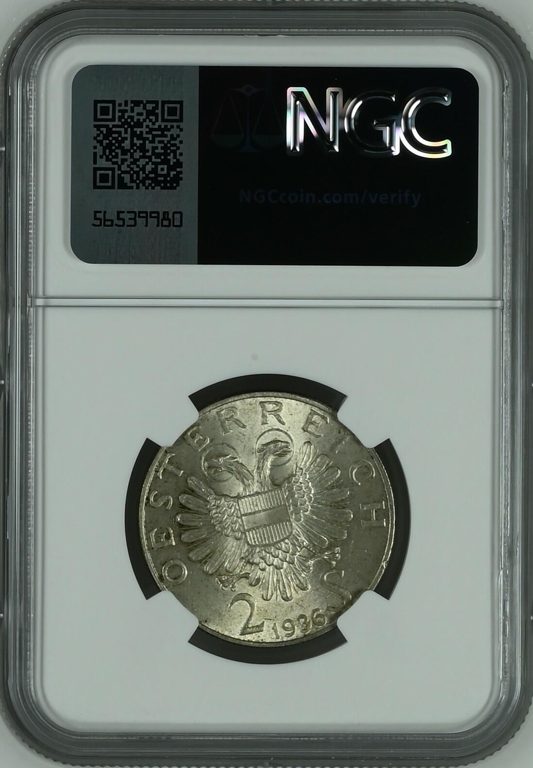 长老汇龙年精选第四场 1936 奥地利欧根亲王2先令银币，NGC MS64分，季军分，更高分仅有5枚