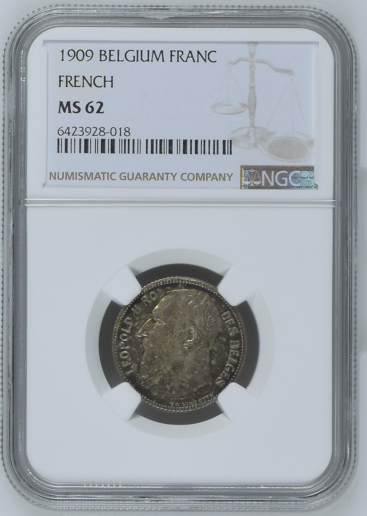 长老汇龙年精选第四场 1909比利时利奥波德二世1法郎银币，NGC MS62分，法语版， 更高分仅有2枚