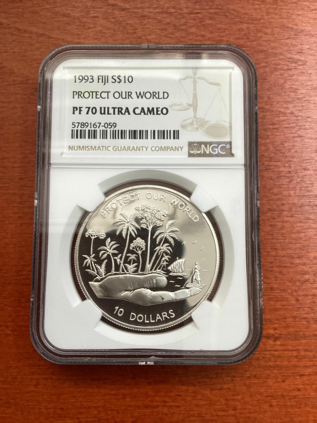 长老汇龙年精选第四场 1993 斐济保护我们的世界10元精制银币，NGC PF70UC，唯一冠军分