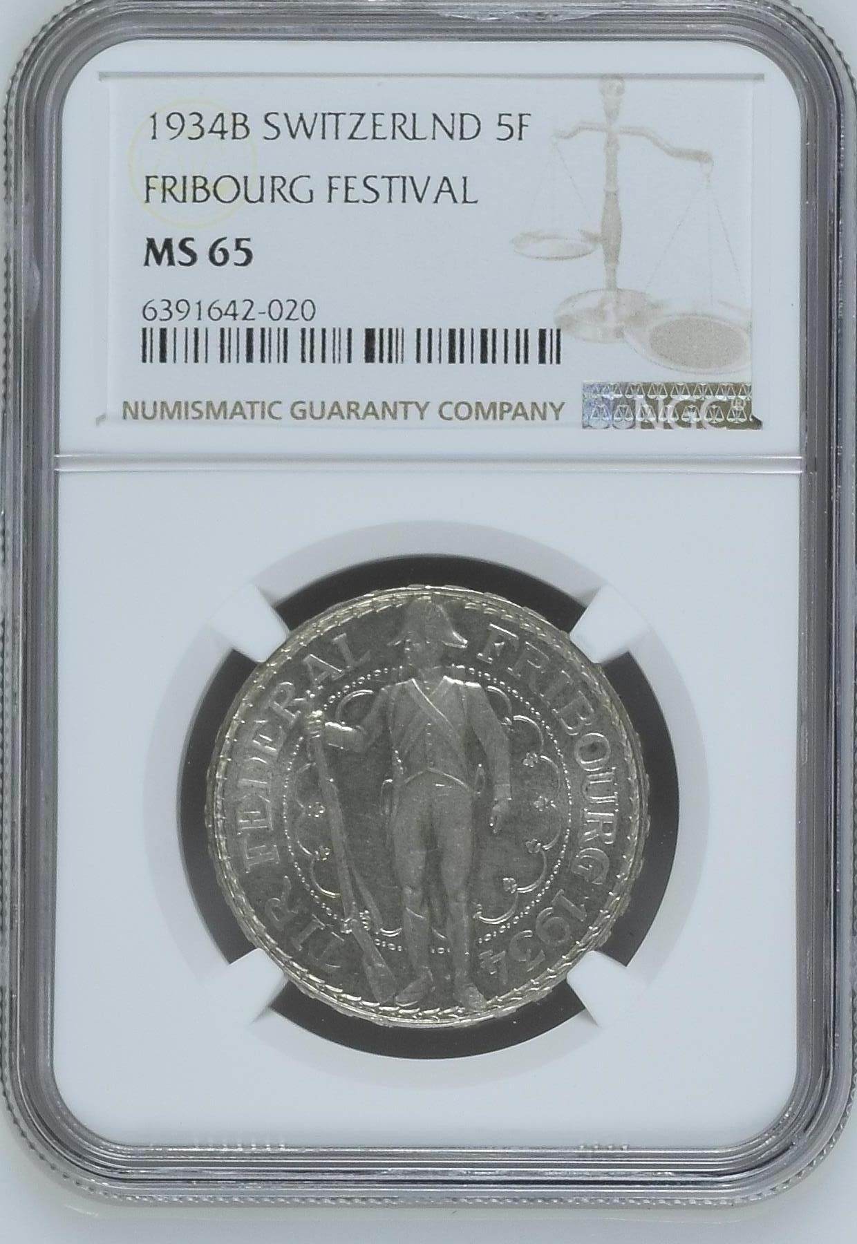 长老汇龙年精选第四场 1934B 瑞士弗莱堡射击节5法郎银币，NGC MS65分，官网63分100美金