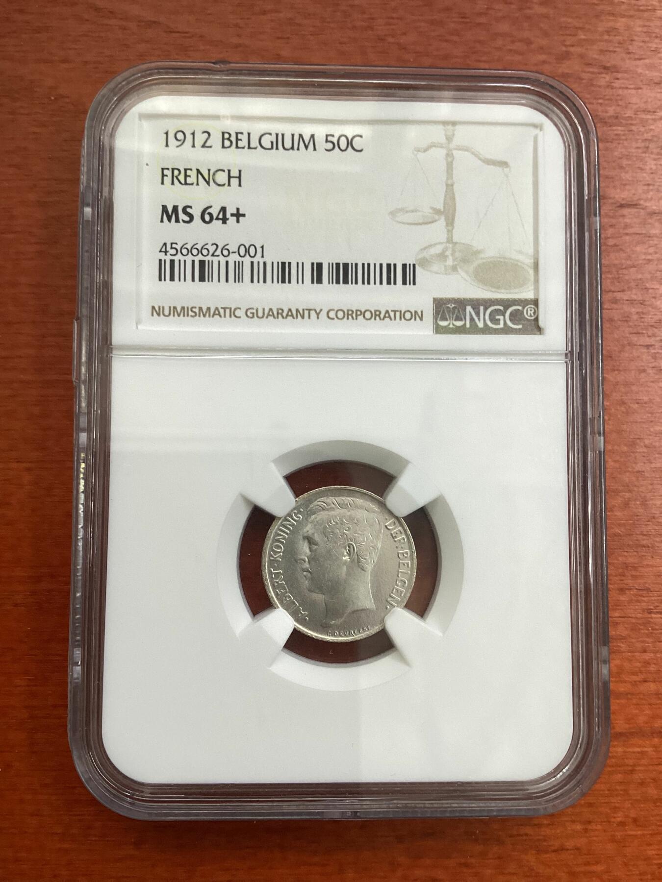 长老汇龙年精选第四场 1912 比利时50分银币，NGC MS64+，法语版，唯一冠军分