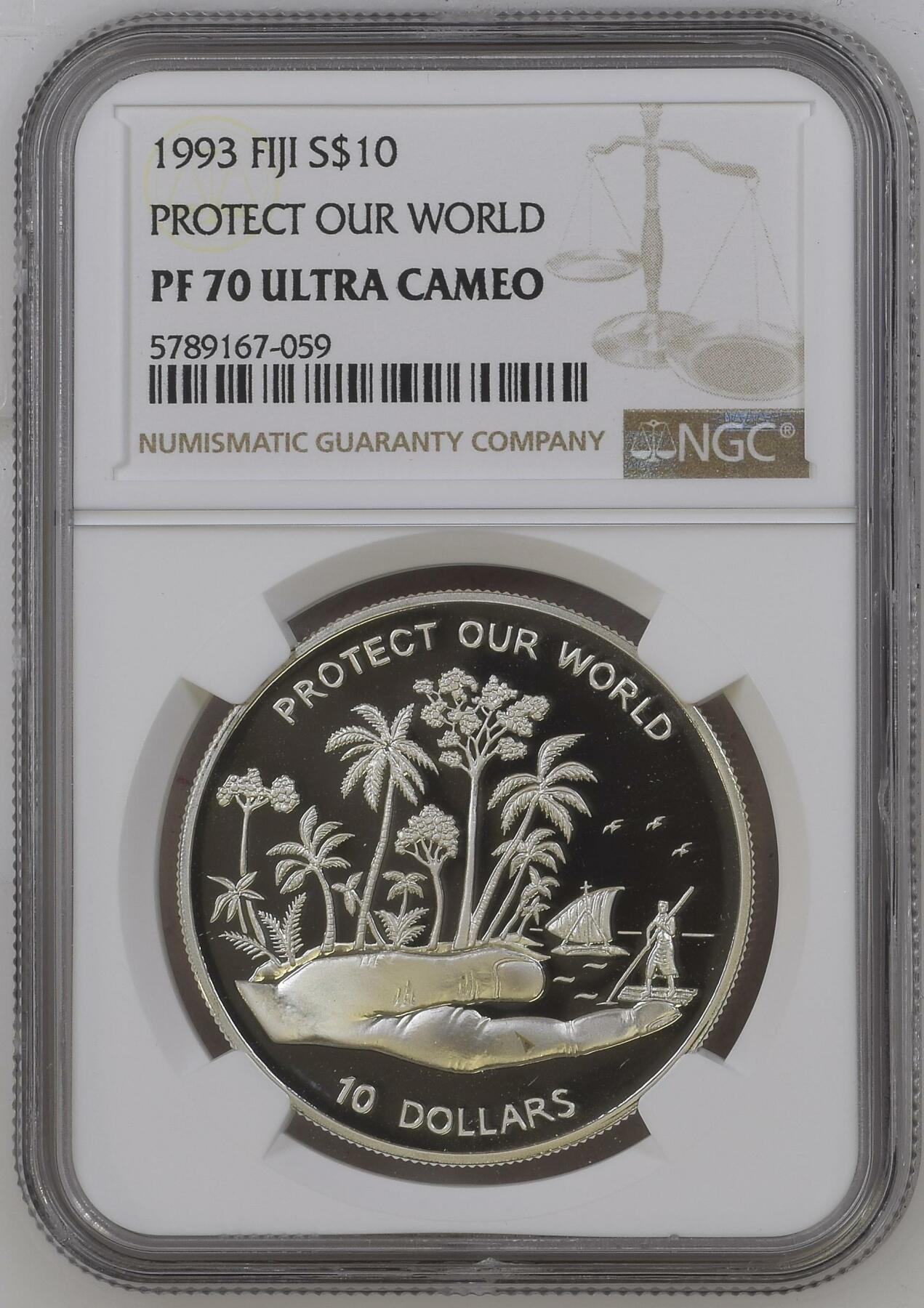 长老汇龙年精选第四场 1993 斐济保护我们的世界10元精制银币，NGC PF70UC，唯一冠军分