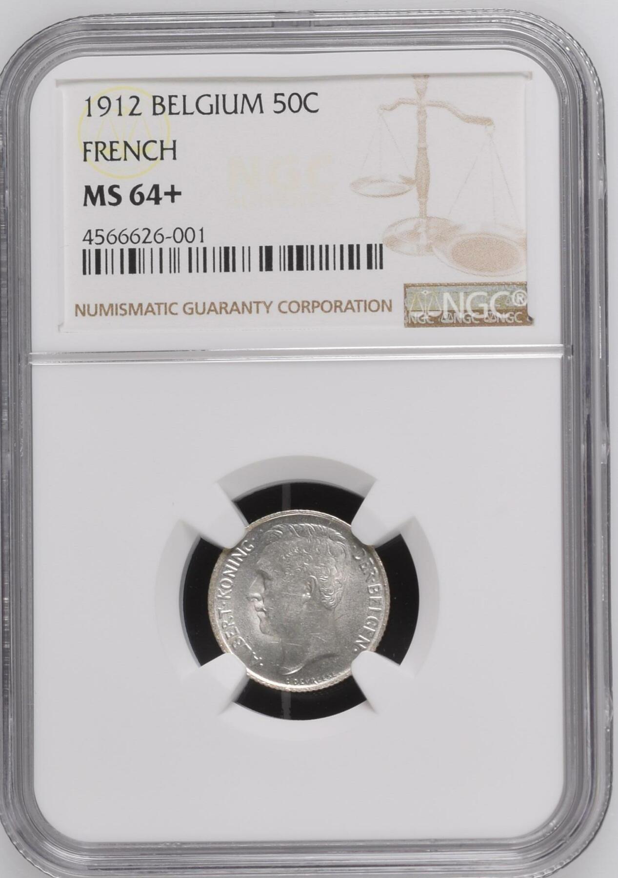 长老汇龙年精选第四场 1912 比利时50分银币，NGC MS64+，法语版，唯一冠军分