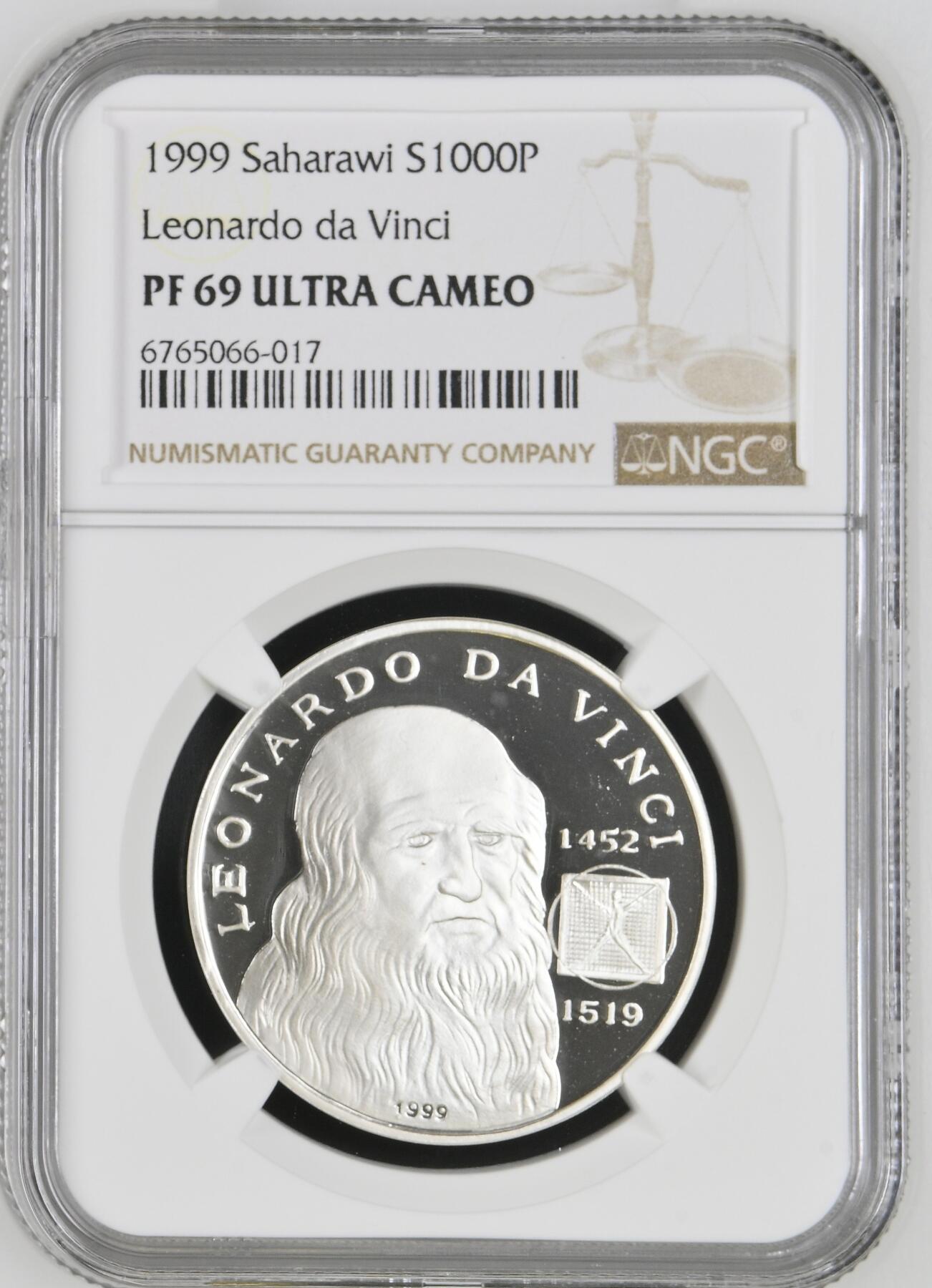 长老汇龙年精选第四场 1999 沙哈拉威达芬奇100比塞塔精制银币，NGC PF69UC，唯二冠军分