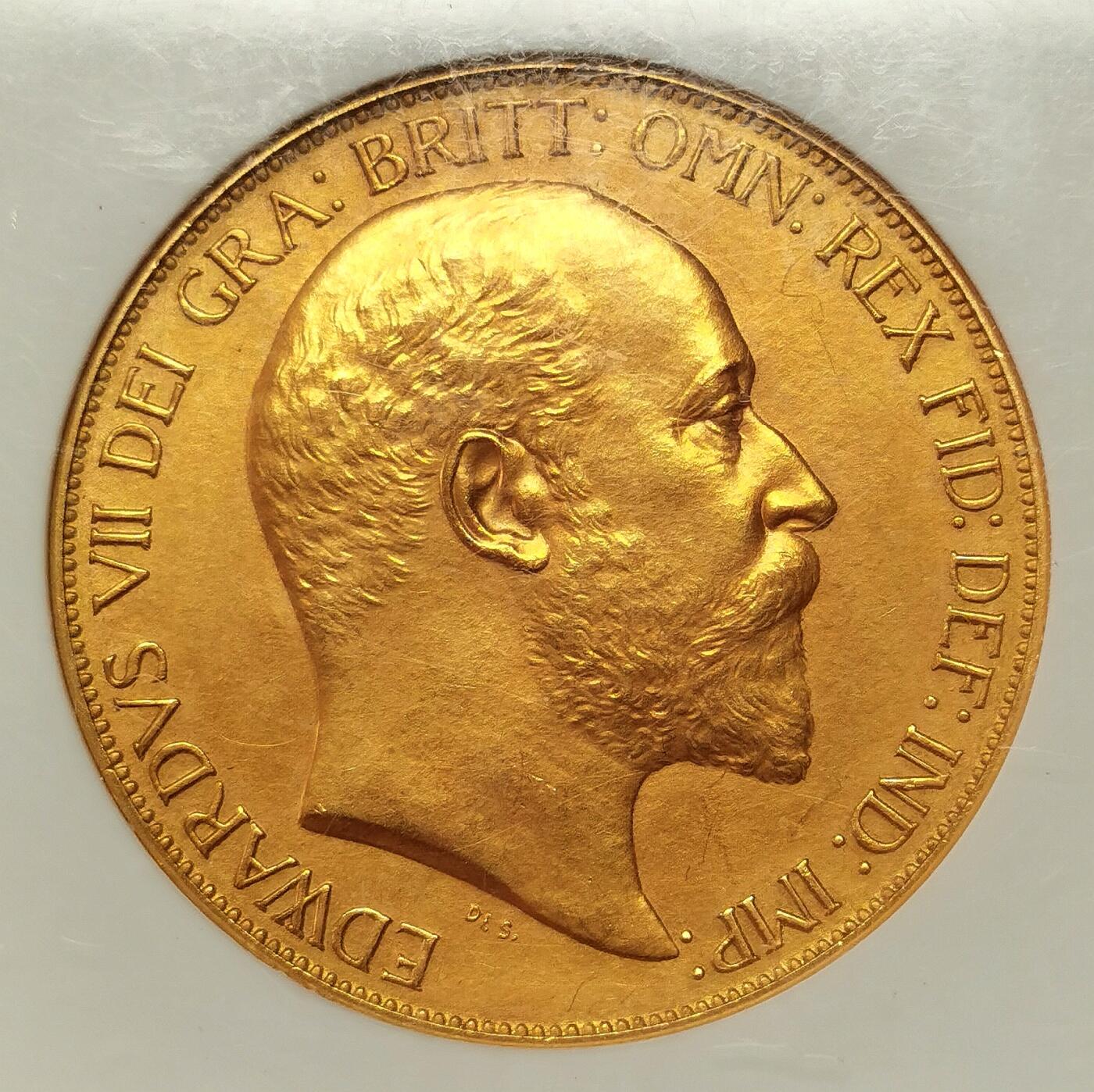凡希社世界钱币微拍第二百六十八期 1902英国爱德华七世5索维林金币NGC-PF60Matte，金色纯正，39.94g，917金