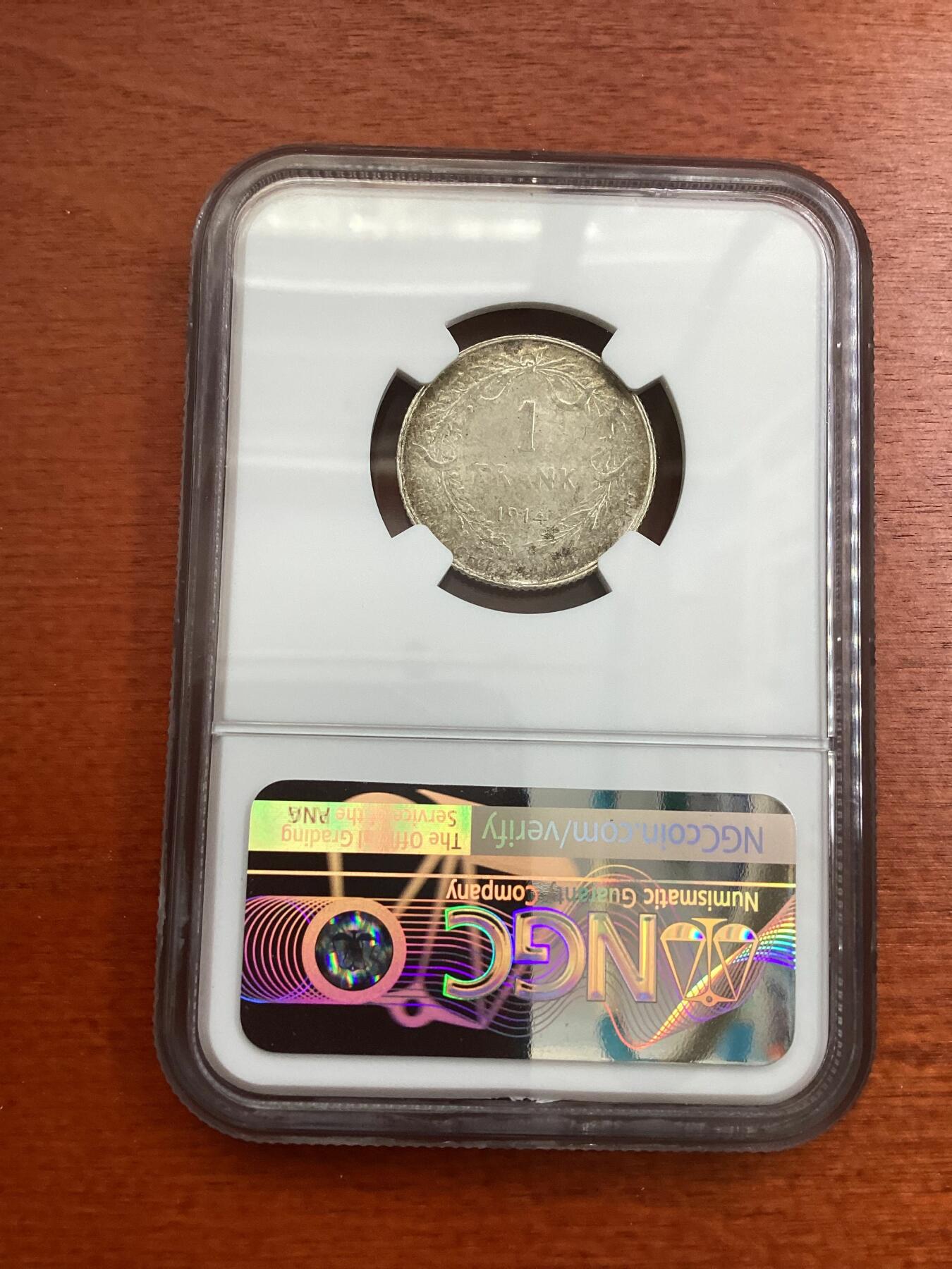 长老汇龙年精选第四场 1914 比利时1法郎银币，NGC MS63分，弗莱芒语，更高分仅有14枚