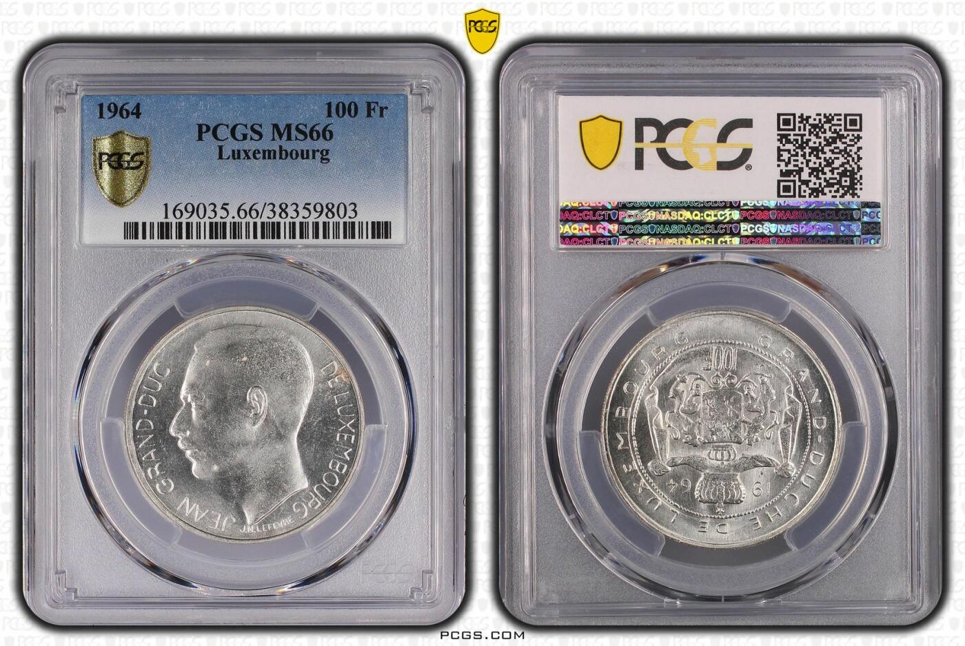 长老汇龙年精选第四场 1964卢森堡100法郎银币， PCGS MS66分，更高分仅有4枚