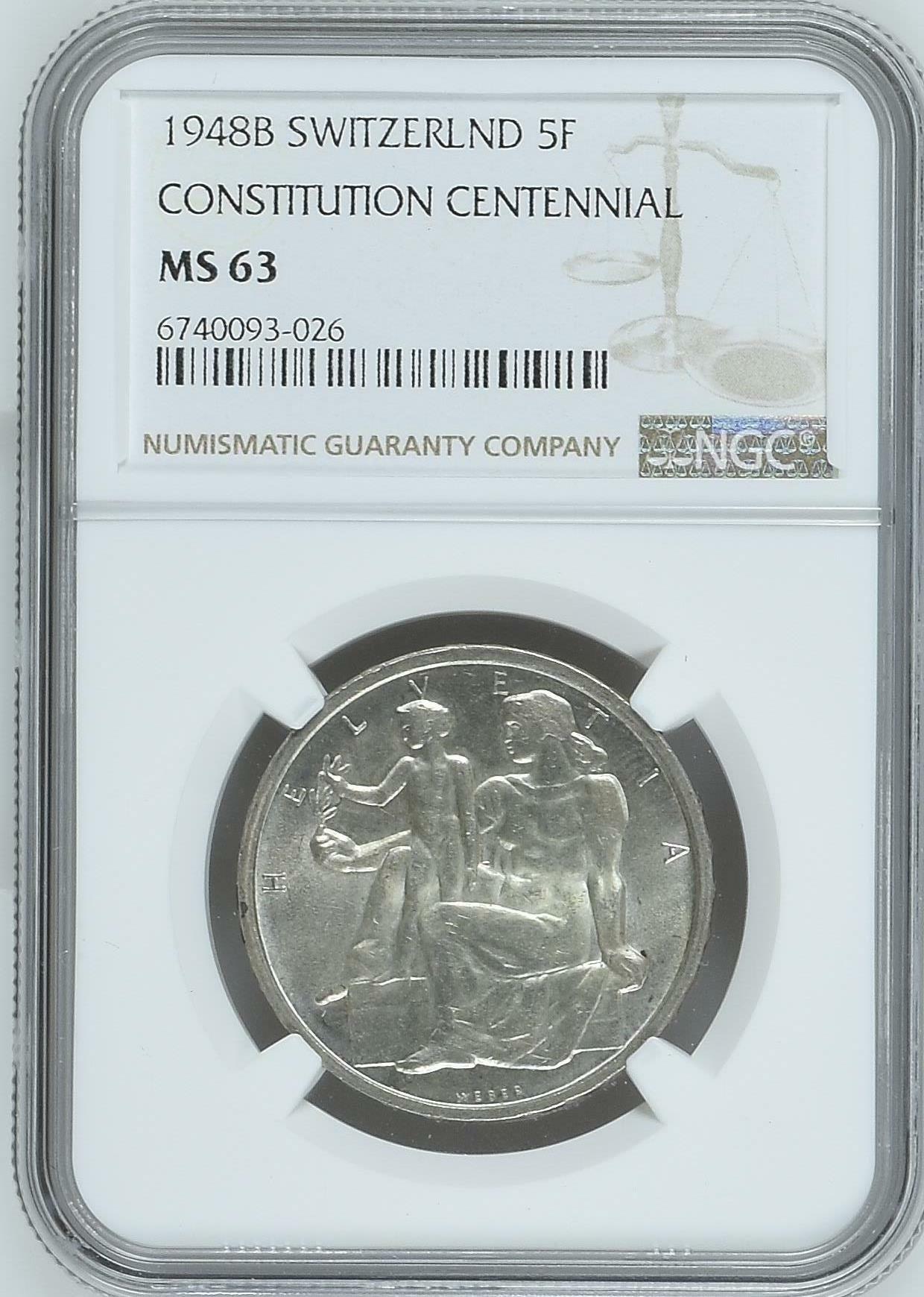 长老汇龙年精选第四场 1948B 瑞士宪法百年5法郎银币，NGC MS63分