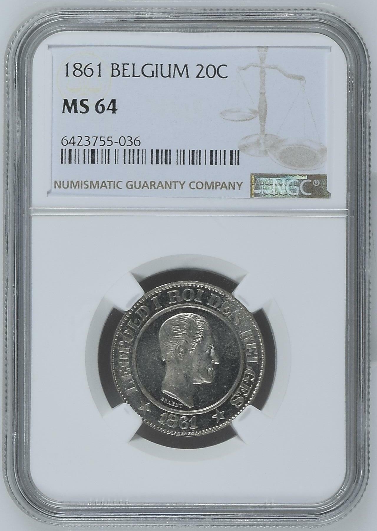 长老汇龙年精选第四场 1861 比利时利奥波德一世20分银币，NGC MS64分，季军分，更高分仅有6枚