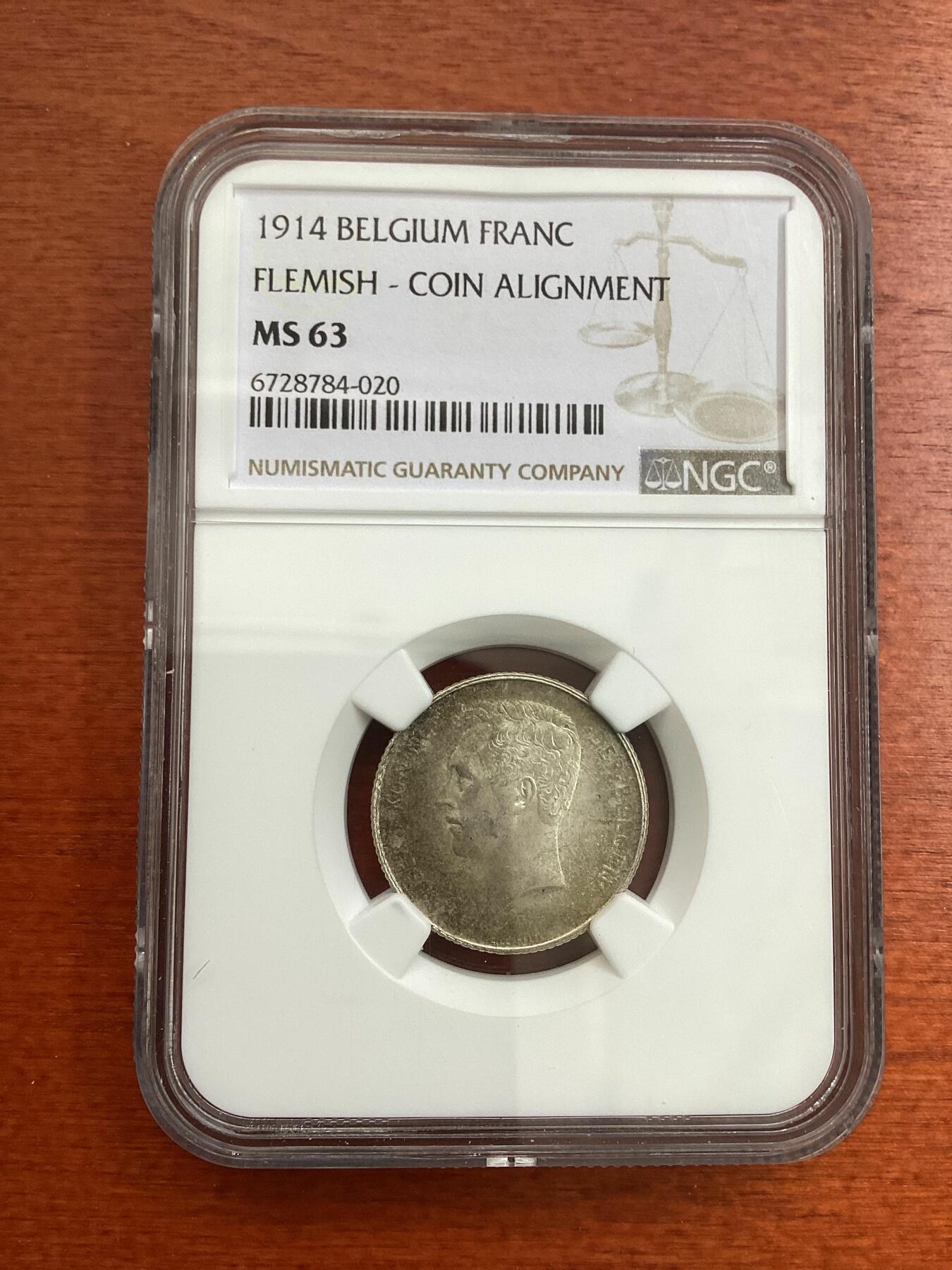 长老汇龙年精选第四场 1914 比利时1法郎银币，NGC MS63分，弗莱芒语，更高分仅有14枚