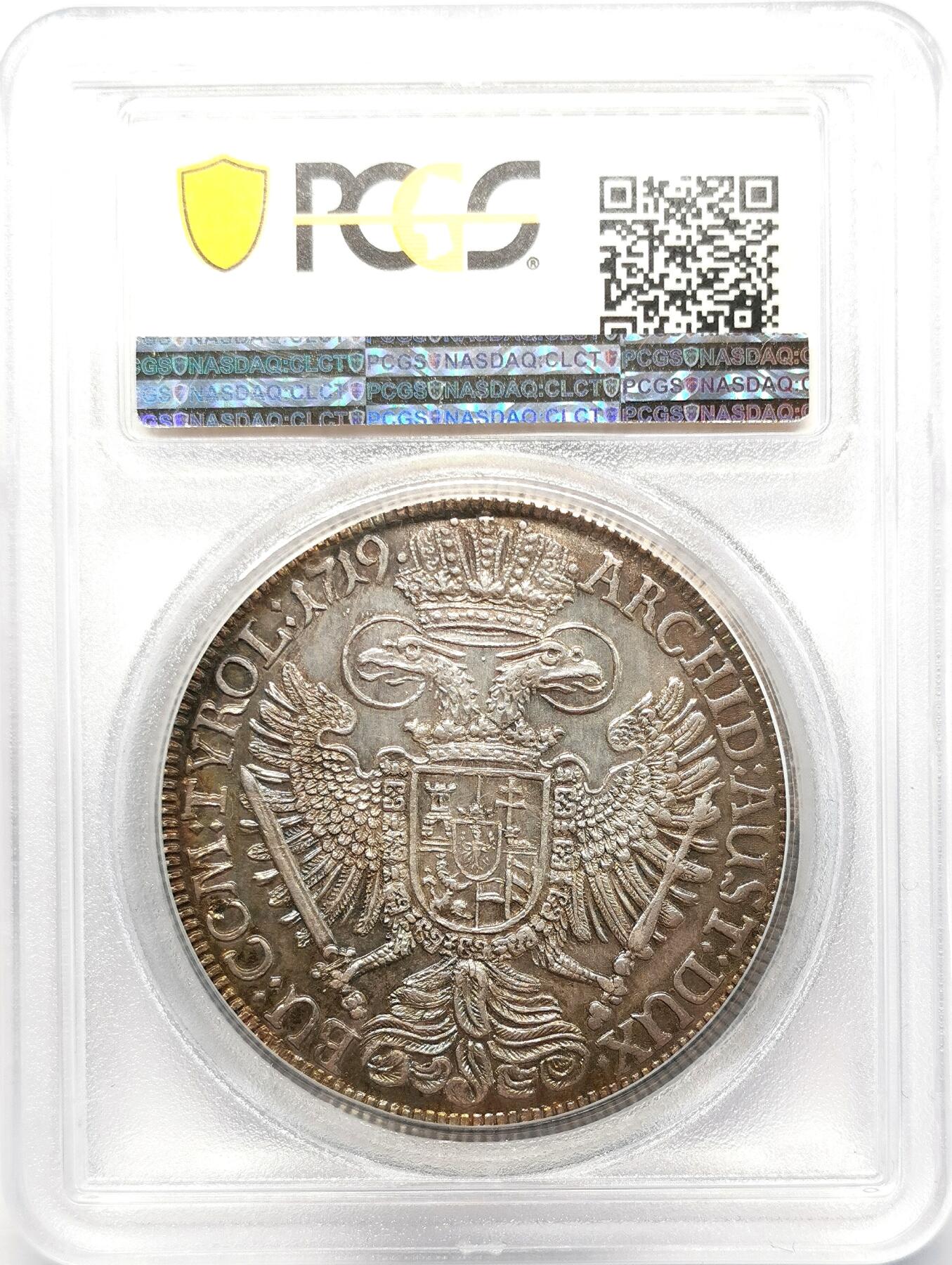 凡希社世界钱币微拍第二百六十八期 荐！1719神罗卡尔六世戎装波浪卷泰勒大银PCGS-MS62，中度灰彩，侧光下包浆绚丽，精美而富于质感，P冠军分！