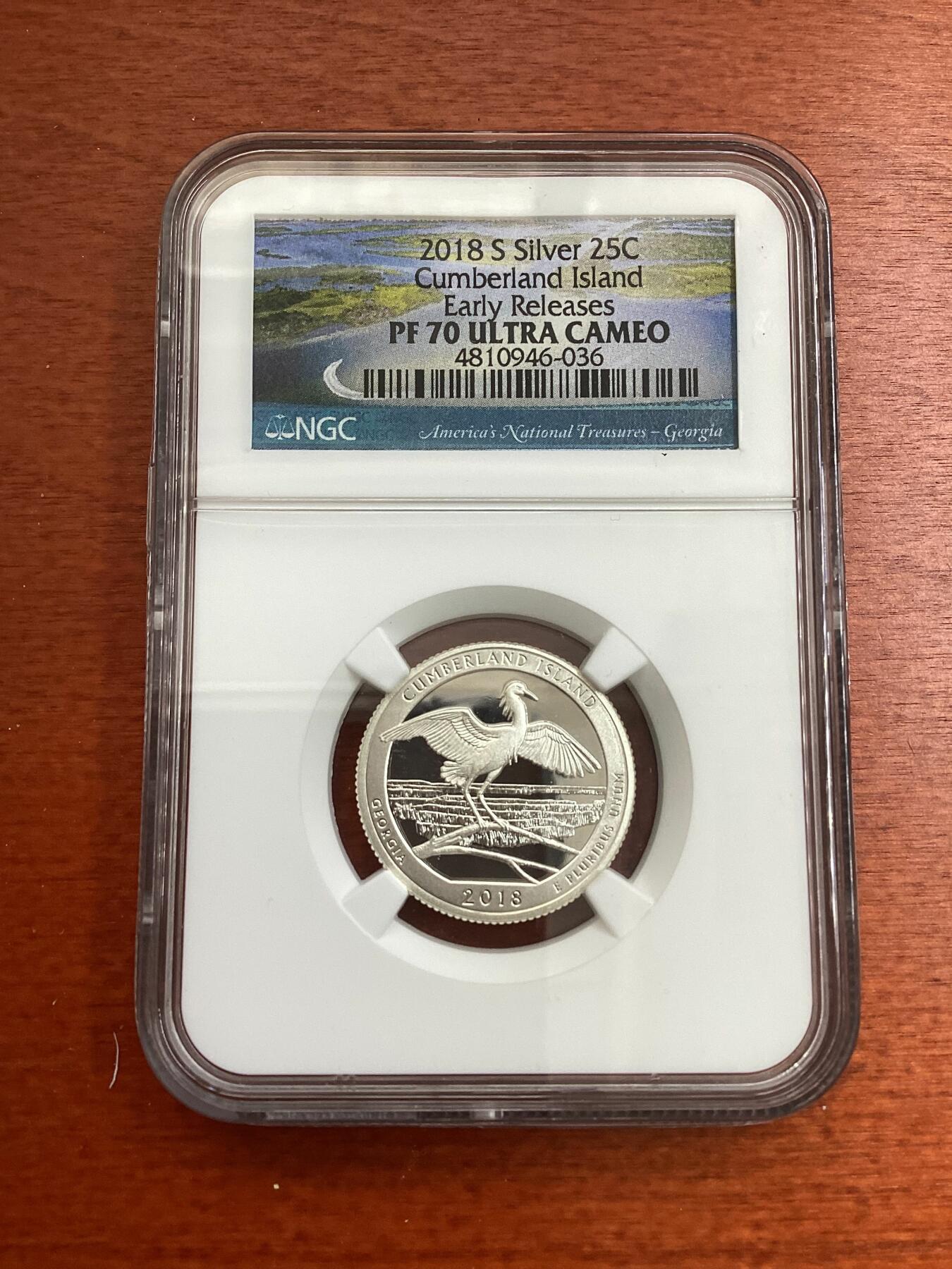 长老汇龙年精选第四场 2018 S 美国坎伯兰岛25美分精制银币，NGC PF70UC，首日标