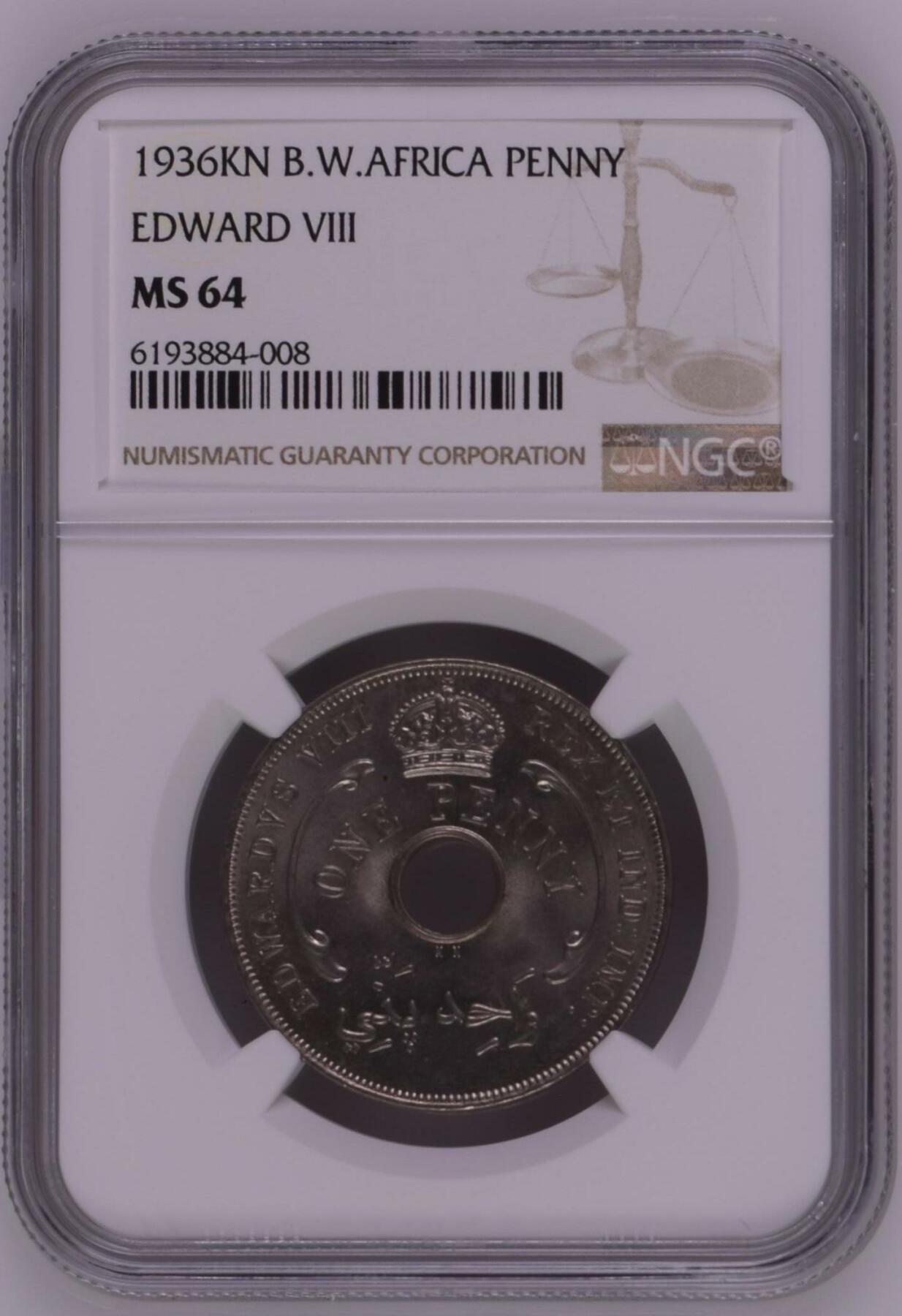 长老汇龙年精选第四场 1936KN 英属西非爱德华八世1便士中孔铜镍币，NGC MS64，爱八继位几个月就逊位了，留存在世的钱币很少，此枚非后铸或者臆造