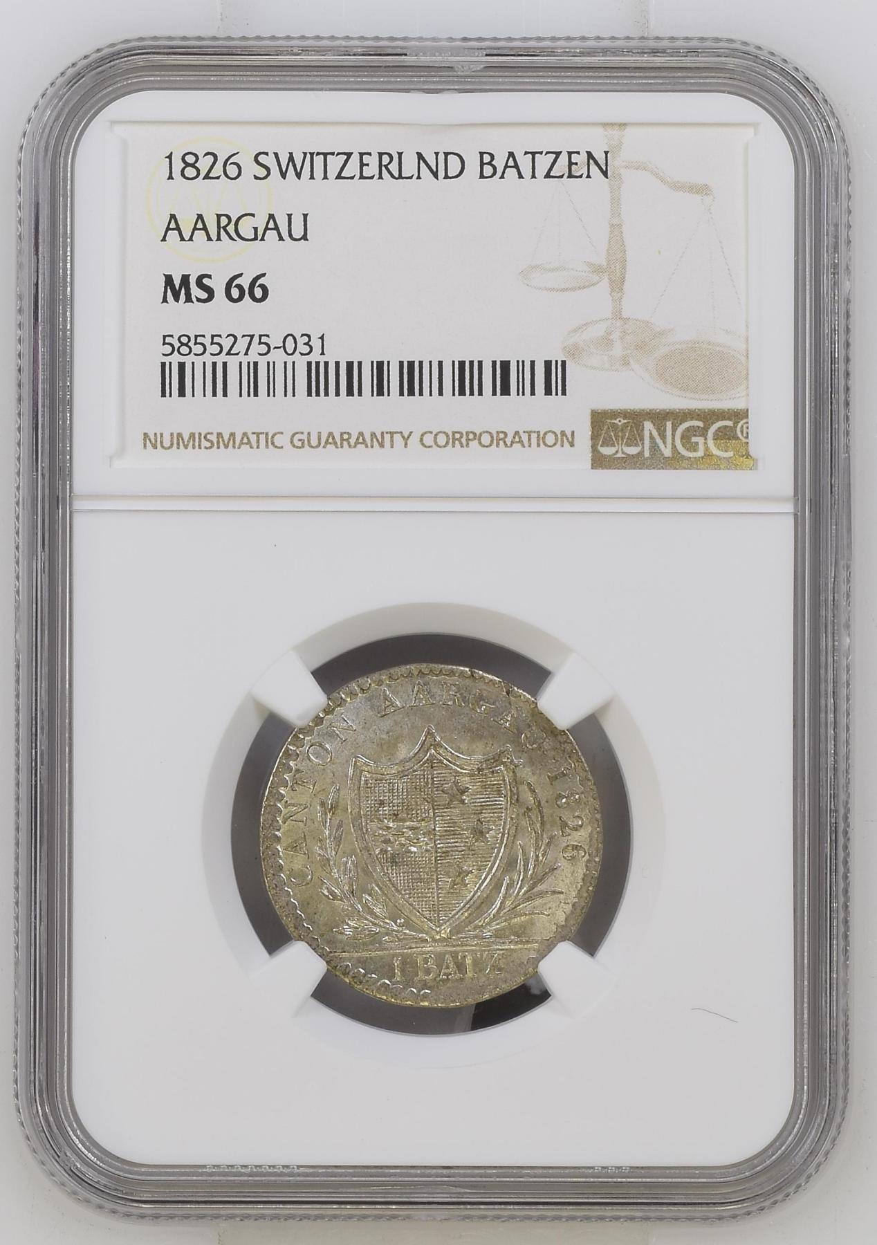 长老汇龙年精选第四场 1826  瑞士阿尔高1巴赞银币，NGC MS66分，季军分，更高分仅有23枚，官网参考价65分125美金