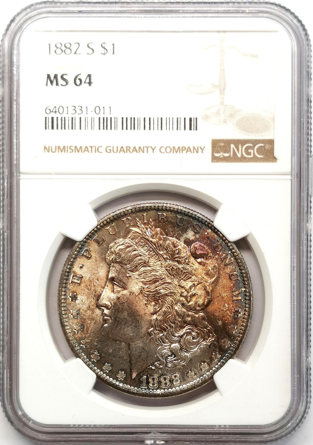 凡希社世界钱币微拍第二百六十八期 1882S美国摩根壹元NGC-MS64，铁锈红包浆，实物美不胜收的藏家品质！