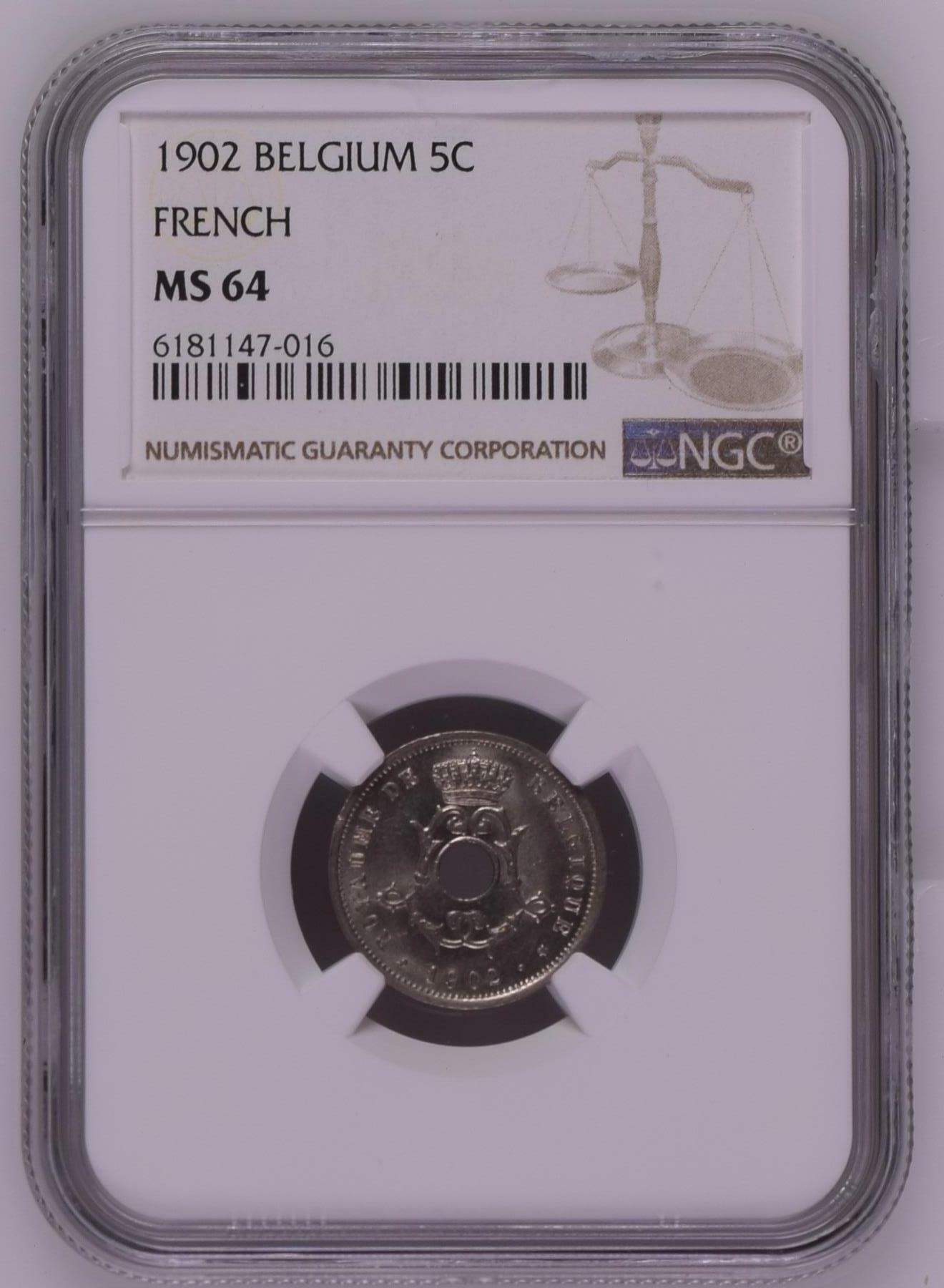 长老汇龙年精选第四场 1902 比利时5分中孔铜镍币，NGC MS64分，法语版，季军分，更高分仅有3枚