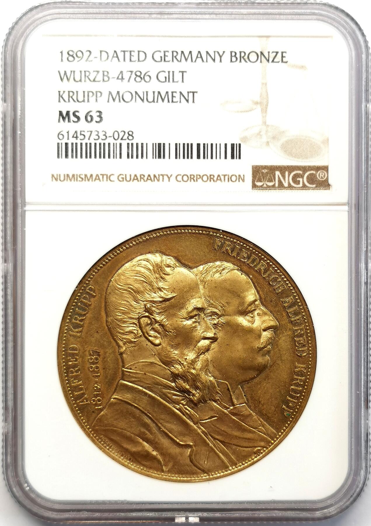 凡希社世界钱币微拍第二百六十八期 1892德国克虏伯雕像纪念铜章NGC-MS63
