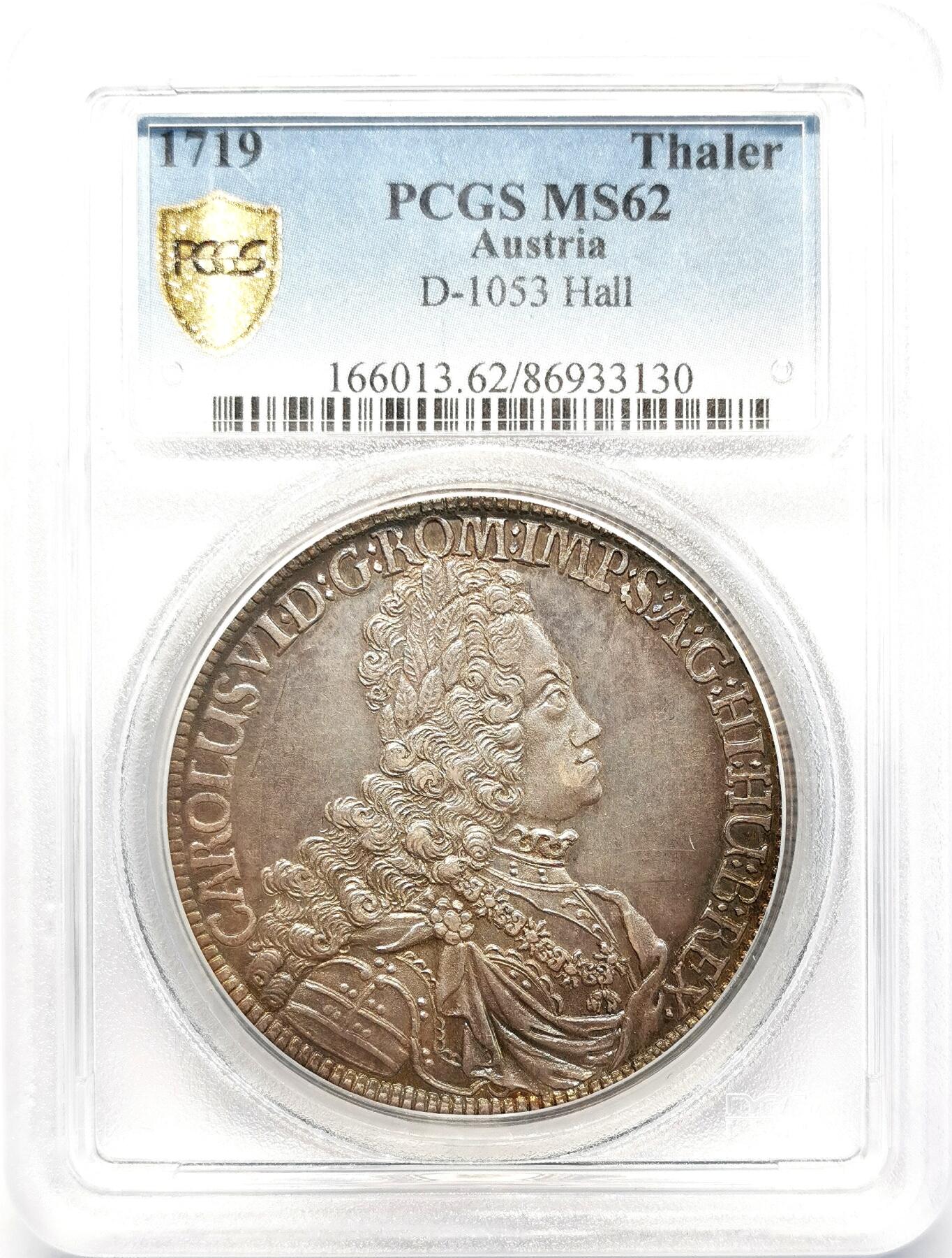 凡希社世界钱币微拍第二百六十八期 荐！1719神罗卡尔六世戎装波浪卷泰勒大银PCGS-MS62，中度灰彩，侧光下包浆绚丽，精美而富于质感，P冠军分！