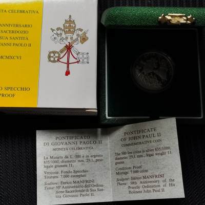 道一币馆币章第六十三场 - 原盒证 梵蒂冈1996年教皇若望·保禄二世登基50周年500里拉精制银币