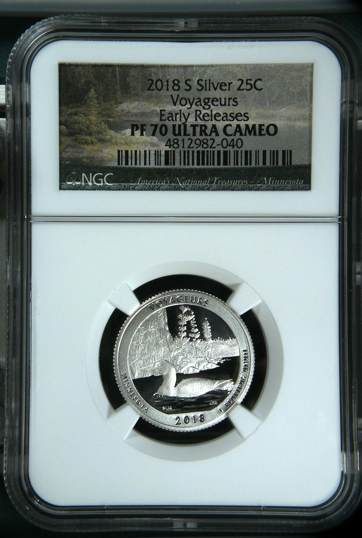 长老汇龙年精选第四场 2018 S 美国船夫国家公园25美分精制银币，NGC PF70UC，首日标