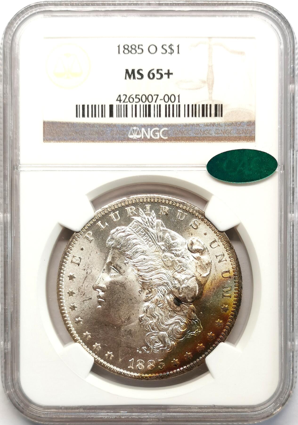 凡希社世界钱币微拍第二百六十八期 1885O美国摩根壹元NGC-MS65+，边缘一抹彩虹包浆！