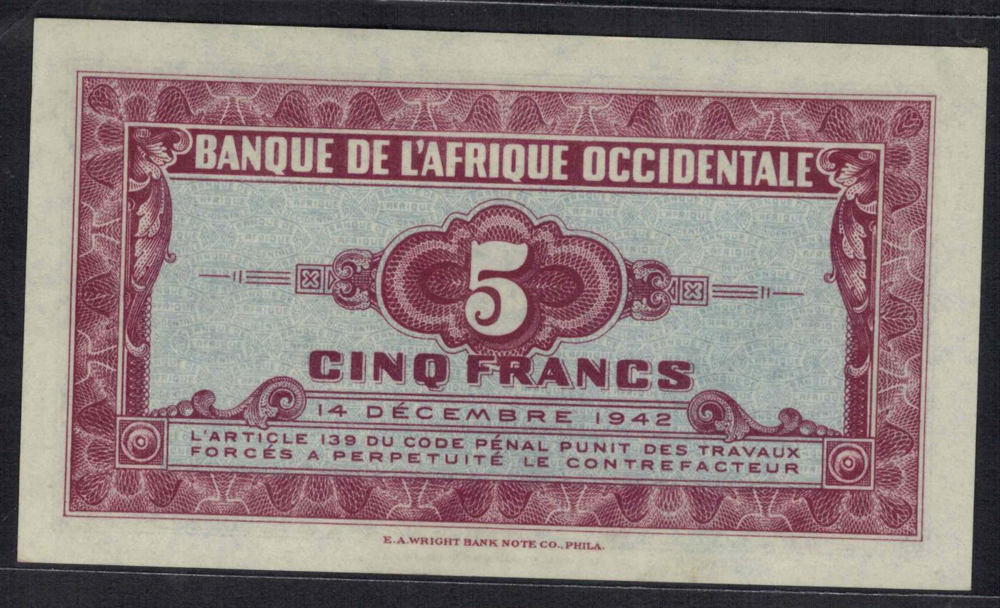 法属西非1942年5法郎 P-28 非洲纸币 实物图 UNC