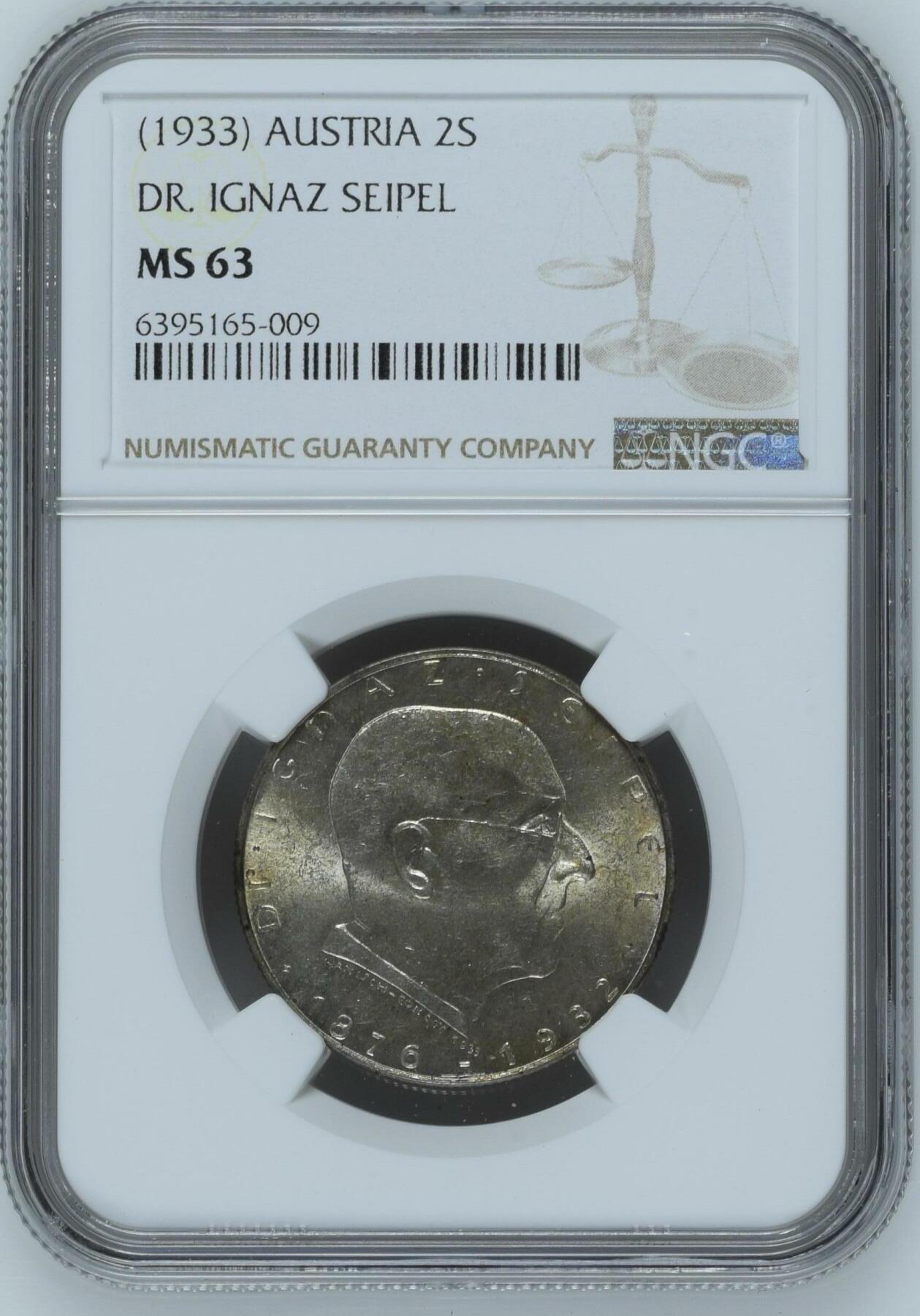 长老汇龙年精选第四场 (1933) 奥地利总理赛佩尔博士2先令银币，NGC MS63分，更高分仅有12枚