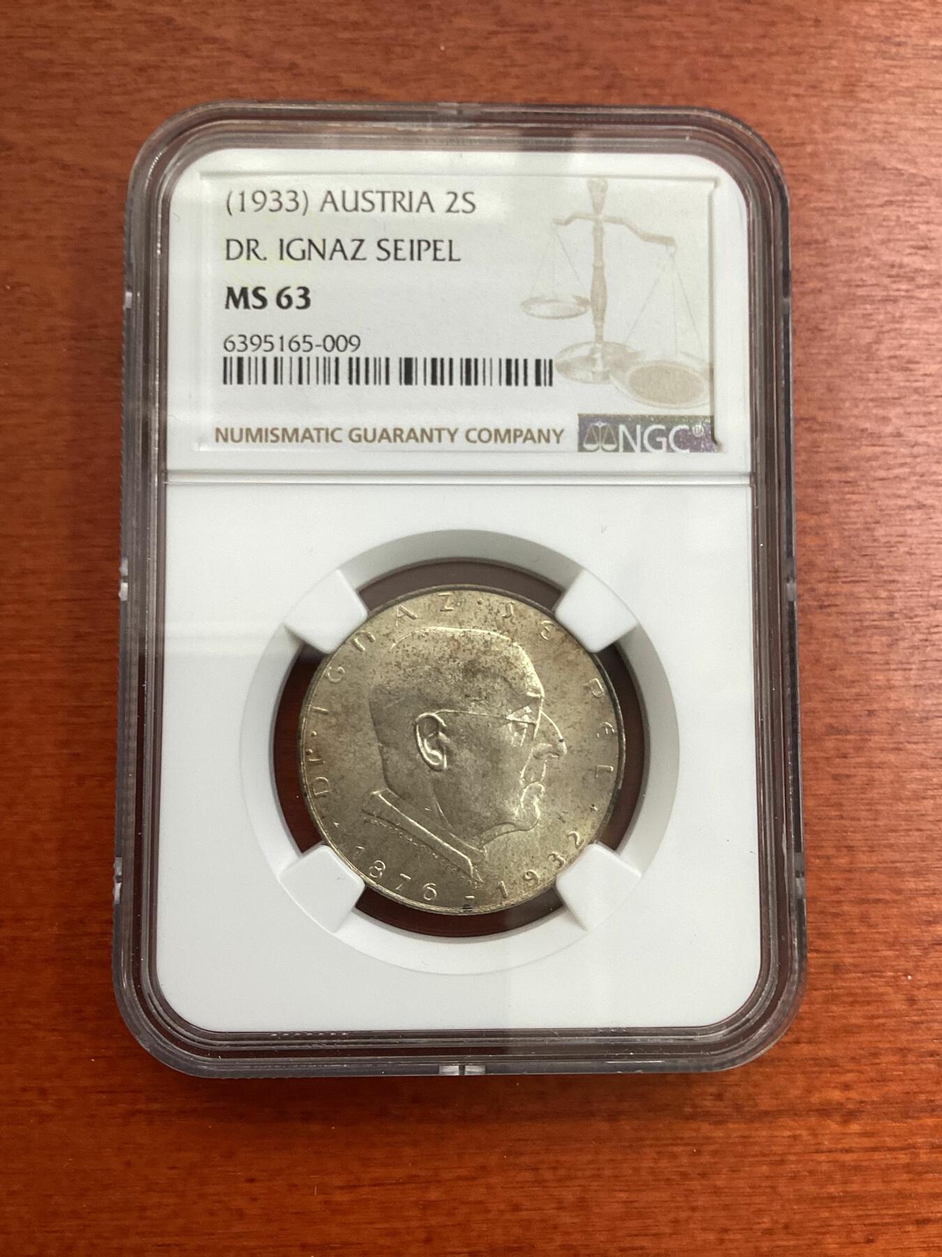 长老汇龙年精选第四场 (1933) 奥地利总理赛佩尔博士2先令银币，NGC MS63分，更高分仅有12枚