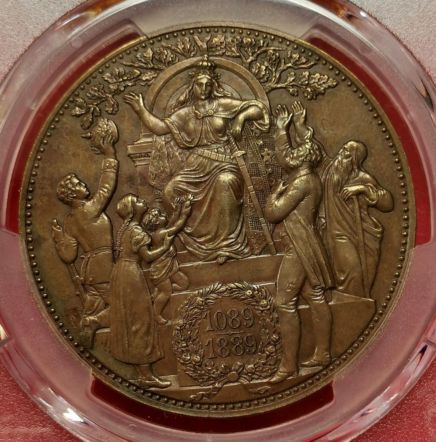 凡希社世界钱币微拍第二百六十八期 荐！1889E萨克森阿尔伯特加冕暨萨克森韦廷王朝建立800周年纪念5马克铜币NGC-MS61，稀有品种！韦廷王朝起源于萨克森安哈尔特的韦廷镇，由当时的迈森蕃侯于1089年创立，它是后来著名的萨克森-科堡-哥达王朝的父系祖先。