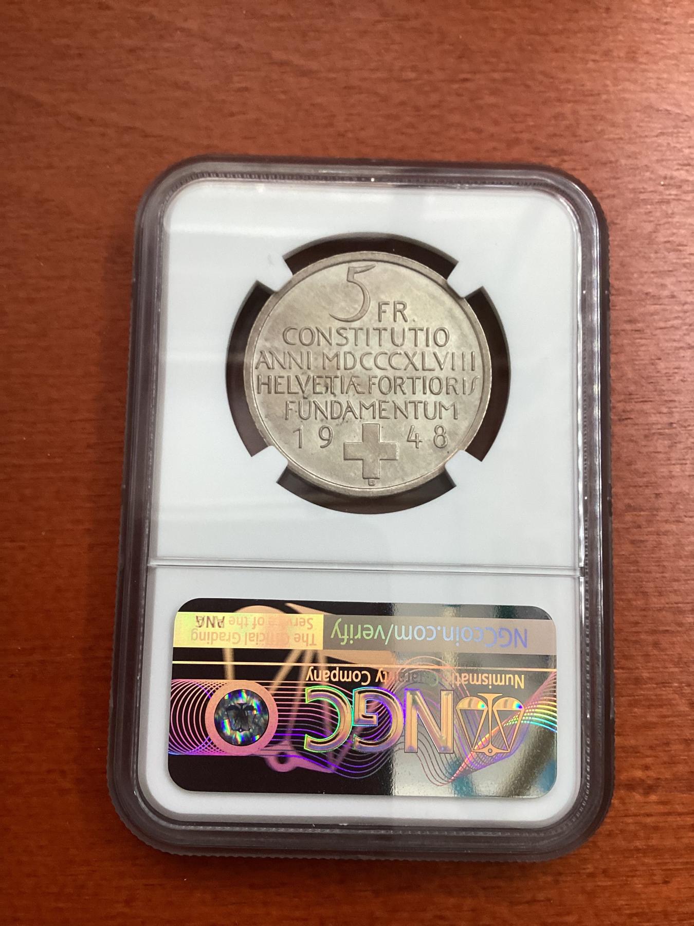 长老汇龙年精选第四场 1948B 瑞士宪法百年5法郎银币，NGC MS63分