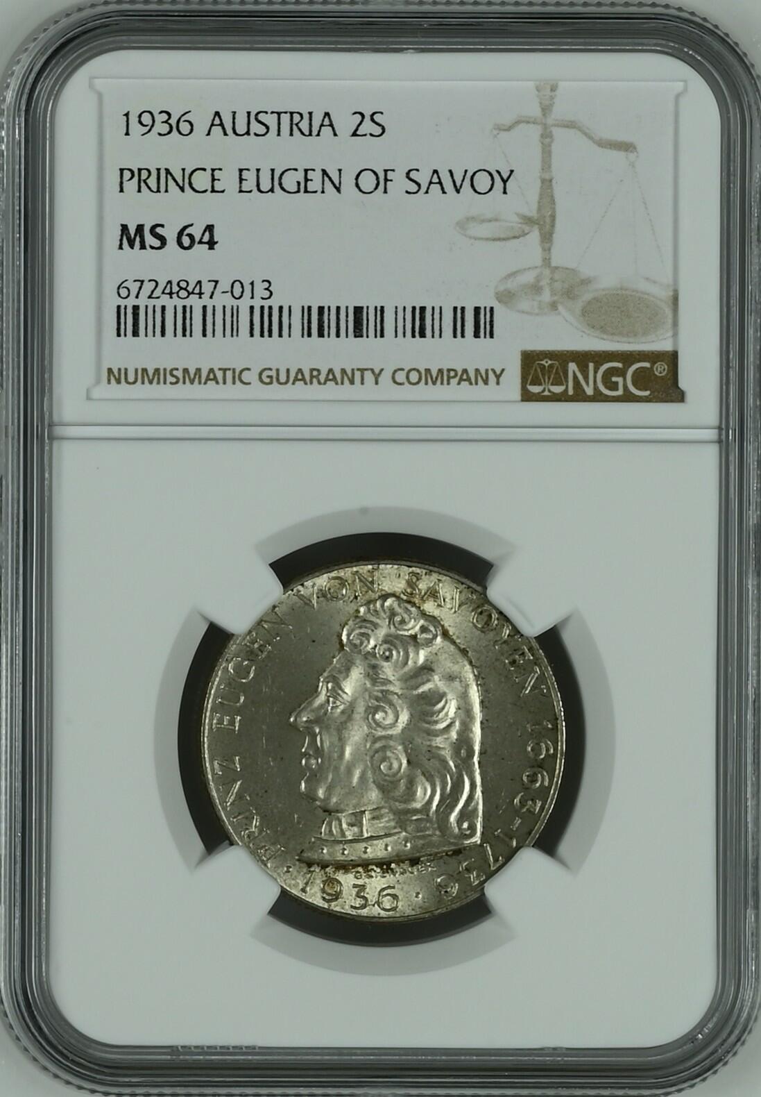 长老汇龙年精选第四场 1936 奥地利欧根亲王2先令银币，NGC MS64分，季军分，更高分仅有5枚