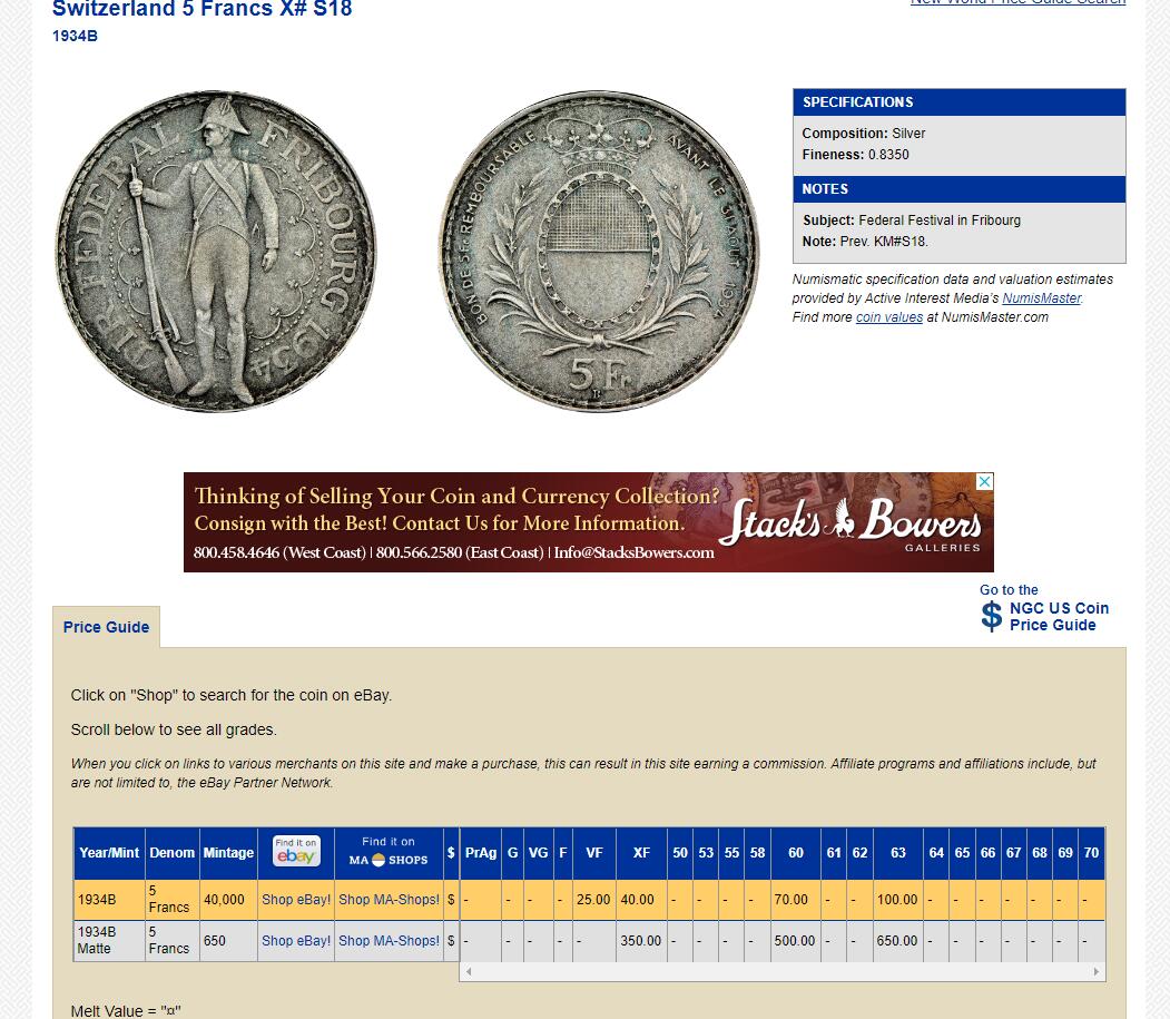 长老汇龙年精选第四场 1934B 瑞士弗莱堡射击节5法郎银币，NGC MS65分，官网63分100美金
