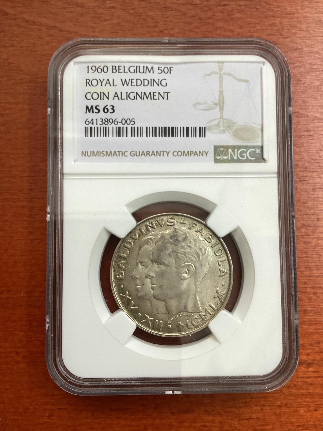长老汇龙年精选第四场 1960 比利时皇家婚礼50法郎银币，NGC MS63分，更高分仅有15枚