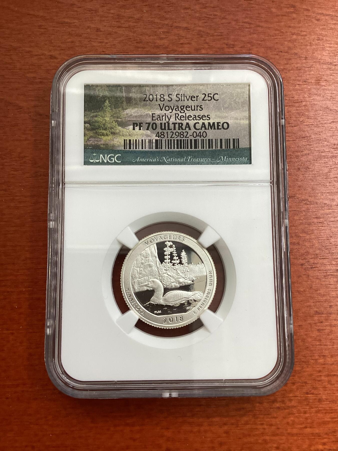 长老汇龙年精选第四场 2018 S 美国船夫国家公园25美分精制银币，NGC PF70UC，首日标