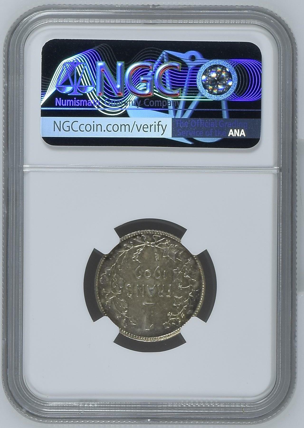 长老汇龙年精选第四场 1909比利时利奥波德二世1法郎银币，NGC MS62分，法语版， 更高分仅有2枚