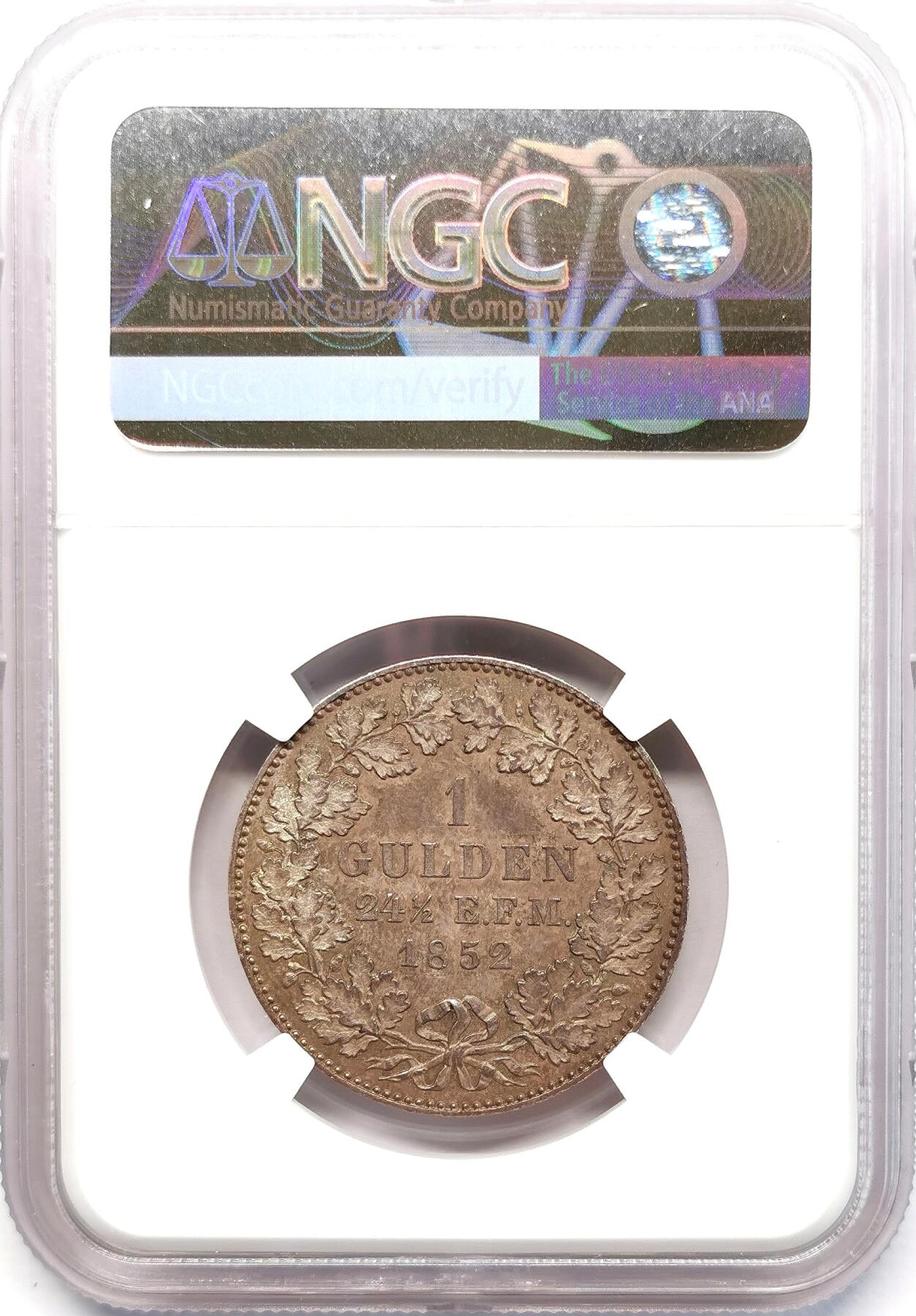 凡希社世界钱币微拍第二百六十八期 1852A德国普治霍亨索伦威廉四世洋葱头古尔登NGC-MS63，一年型，传世灰彩！