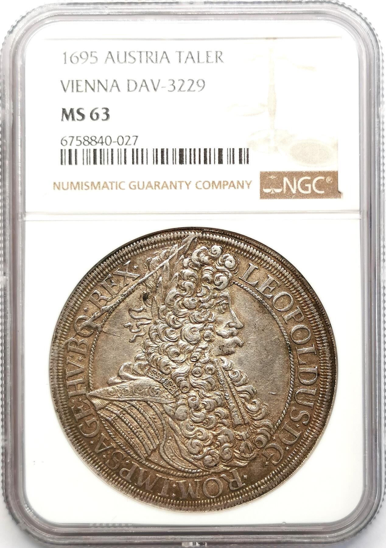 凡希社世界钱币微拍第二百六十八期 荐！1695神罗利奥波德戎装波浪卷泰勒大银NGC-MS63，N唯一冠军分！