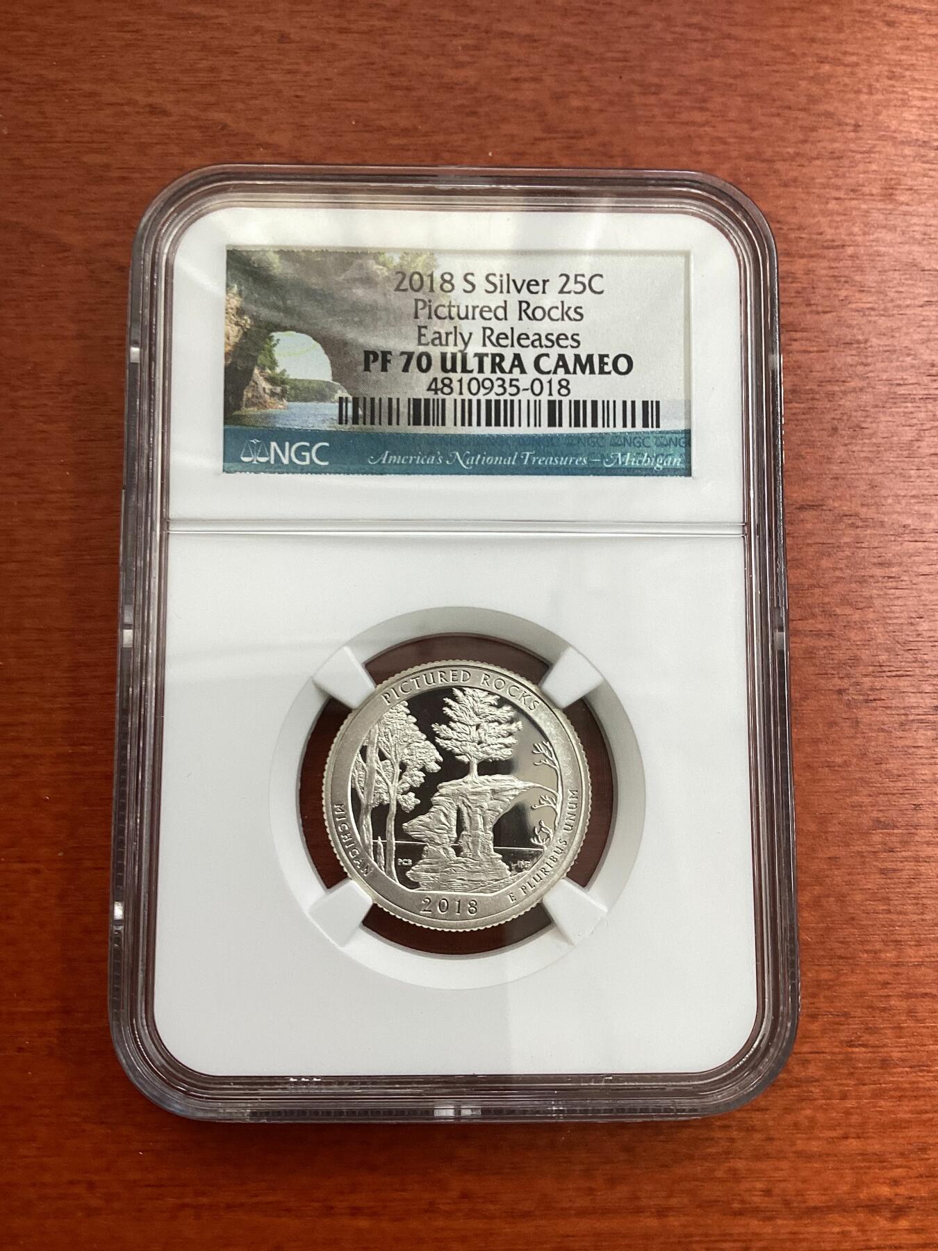 长老汇龙年精选第四场 2018 S 美国皮克彻罗克斯25美分精制银币，NGC PF70UC，首日标