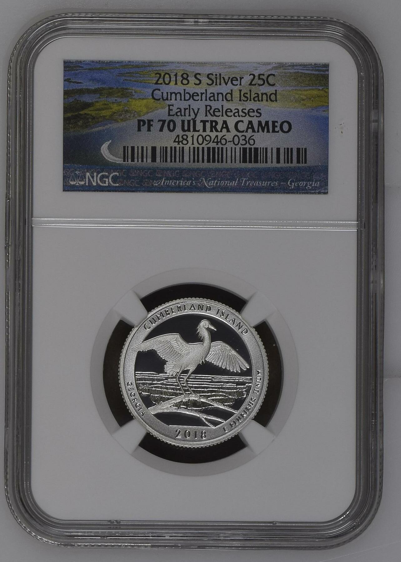 长老汇龙年精选第四场 2018 S 美国坎伯兰岛25美分精制银币，NGC PF70UC，首日标
