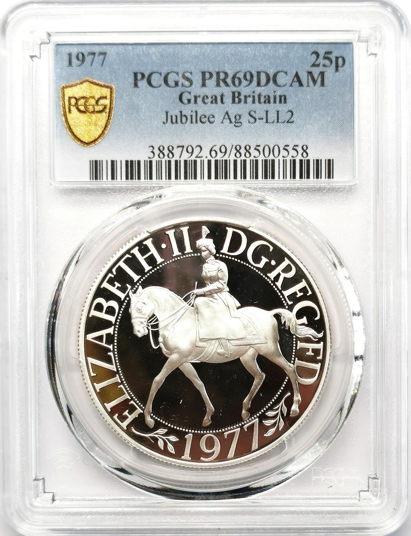 凡希社世界钱币微拍第二百六十八期 1977英国伊丽莎白加冕25周年纪念银币PCGS-PR69DCAM附原盒！